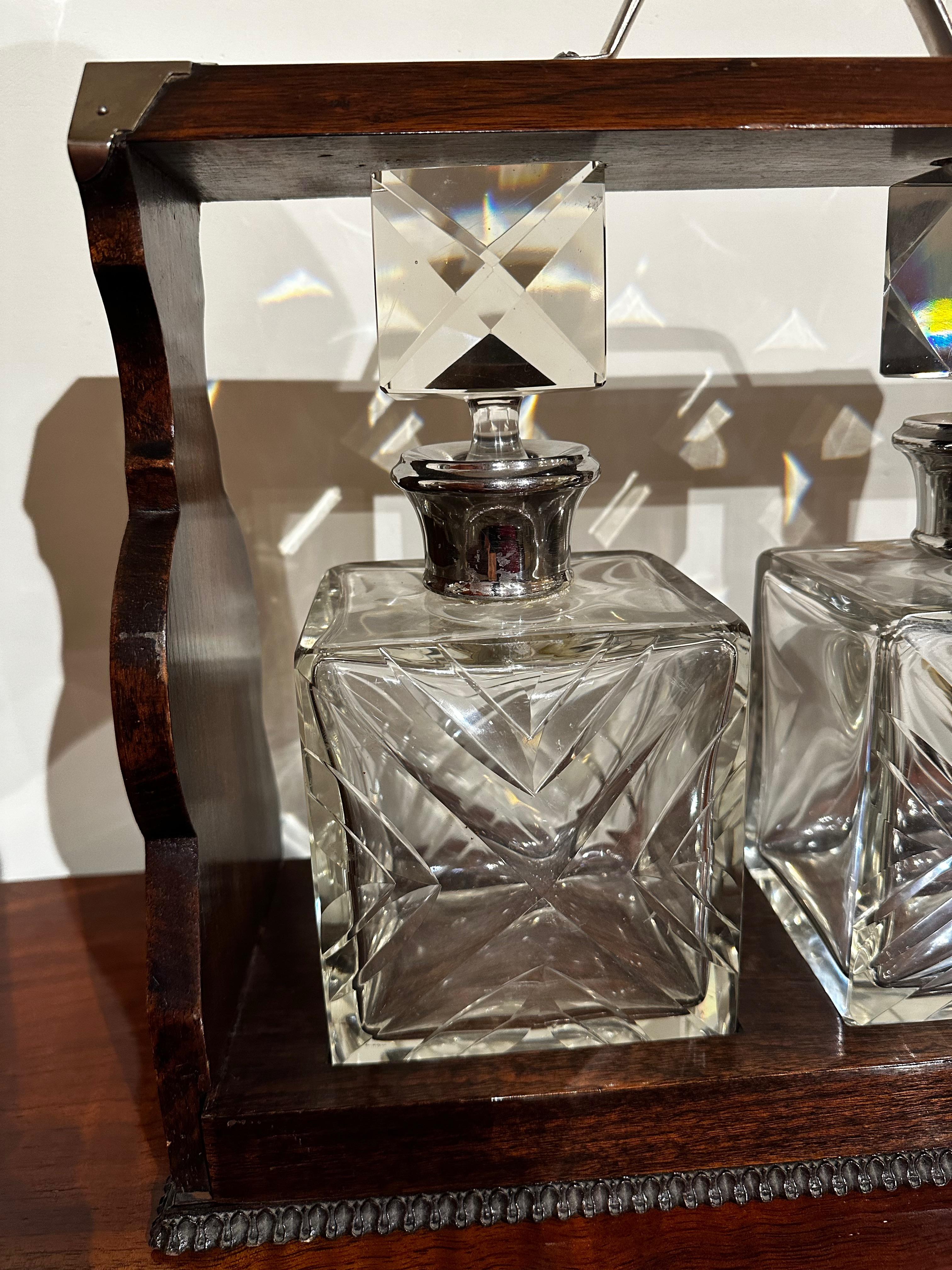 Tantalus Two Decanter Art Deco Set with Wood Holder In Good Condition For Sale In Oakland, CA
