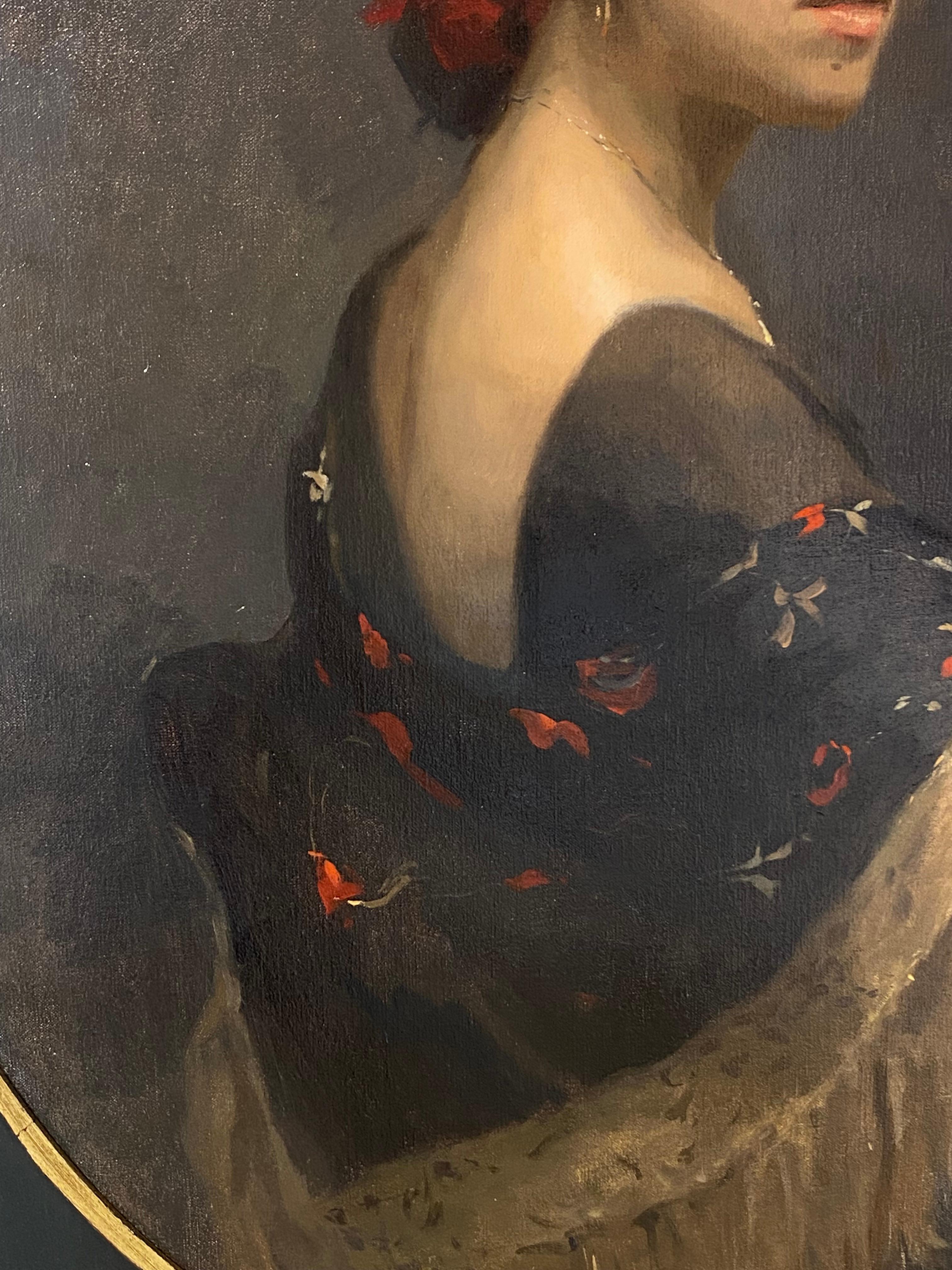 Una dama di Siviglia, ritratto classico contemporaneo del XXI secolo - Figurative Painting Nero di Tanvi Pathare