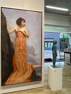 Her Ascent- 21st Century Contemporary painting of a woman in red dress
