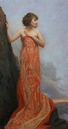 Her Ascent - Zeitgenössisches Gemälde einer Frau in rotem Kleid aus dem 21.