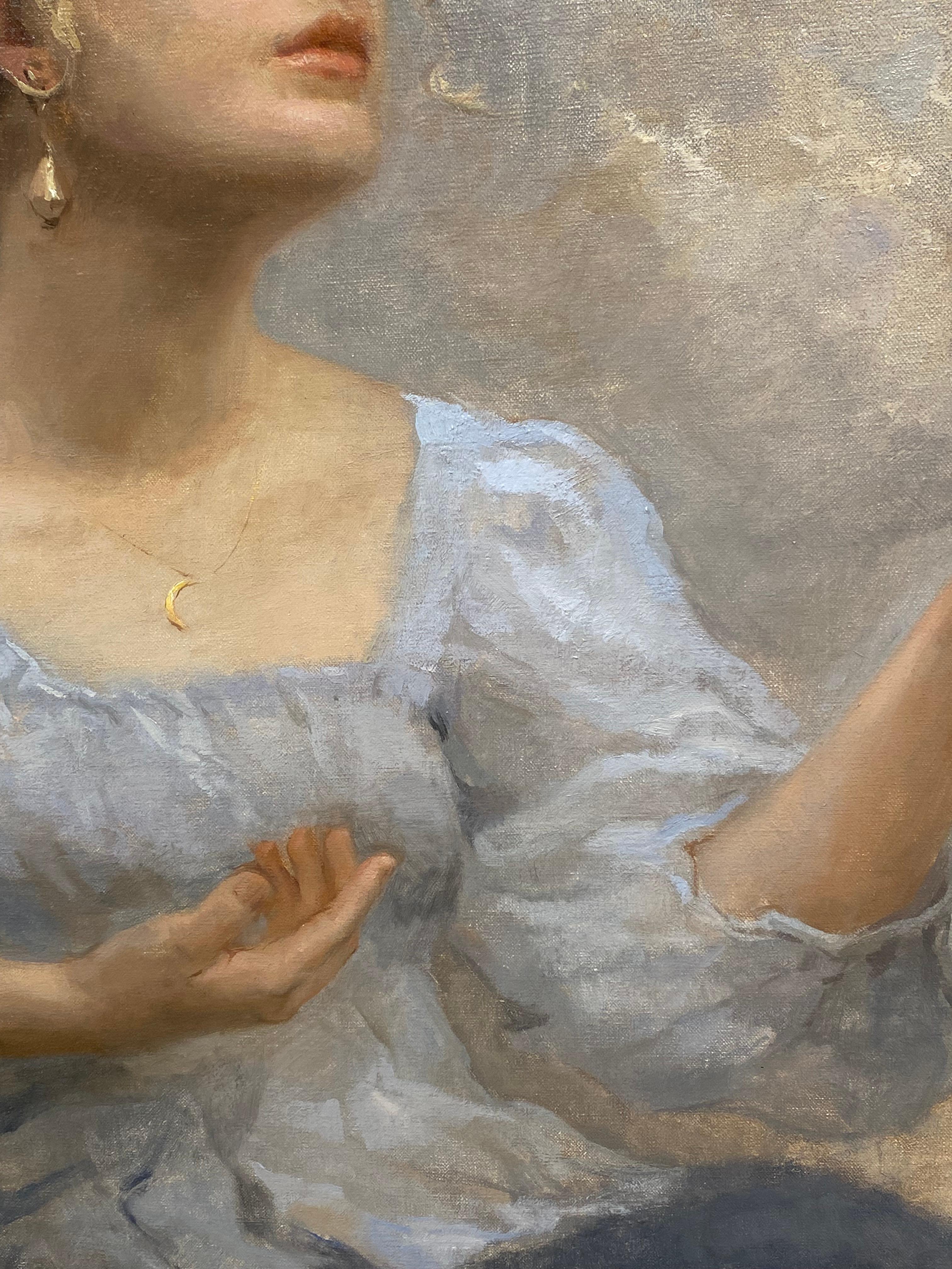 Luna, Ritratto classico contemporaneo del XXI secolo - Figurative Painting Grigio di Tanvi Pathare