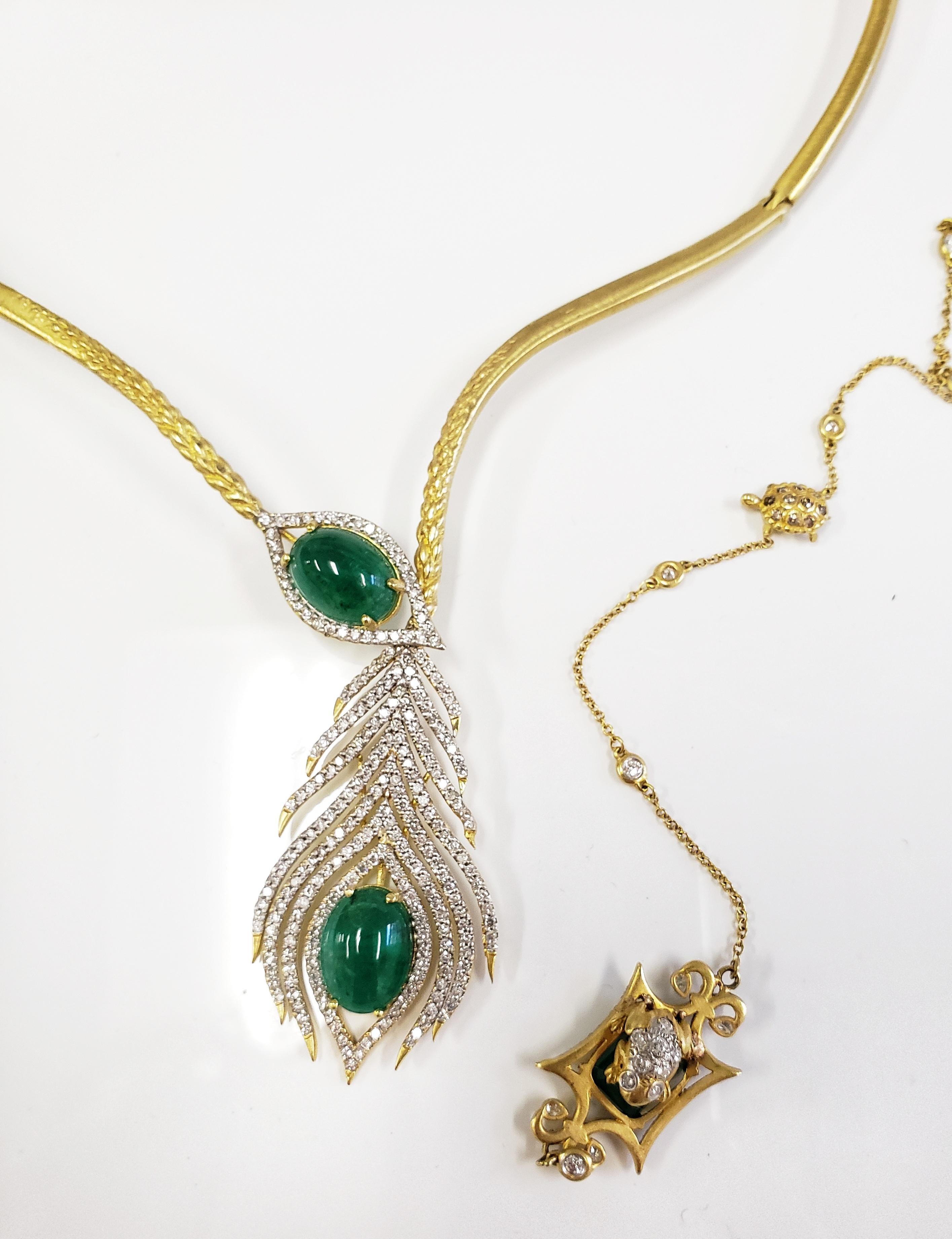 Exquisitely crafted Tanya Farah 18K gold diamond and emerald peacock feather collar necklace with  18K Baguette Emerald Diamond Chain that beautifully drips down to be worn in the back or front.  Hinged front to effortlessly slip on and off.  Tanya