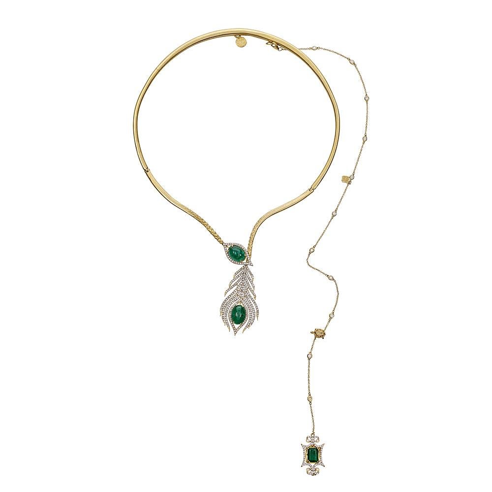 Tanya Farah 18K Gold Diamond Emerald Peacock Collar Necklace For Sale
