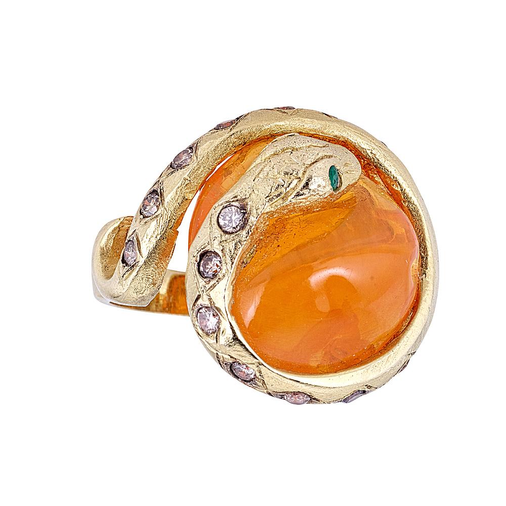 Tanya Farah 18K Gold Fire Opal Diamond Serpent Ring For Sale