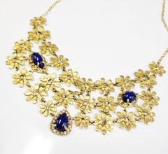 Tanya Farah 18K Gold Flower Diamond Lapis Bib Necklace