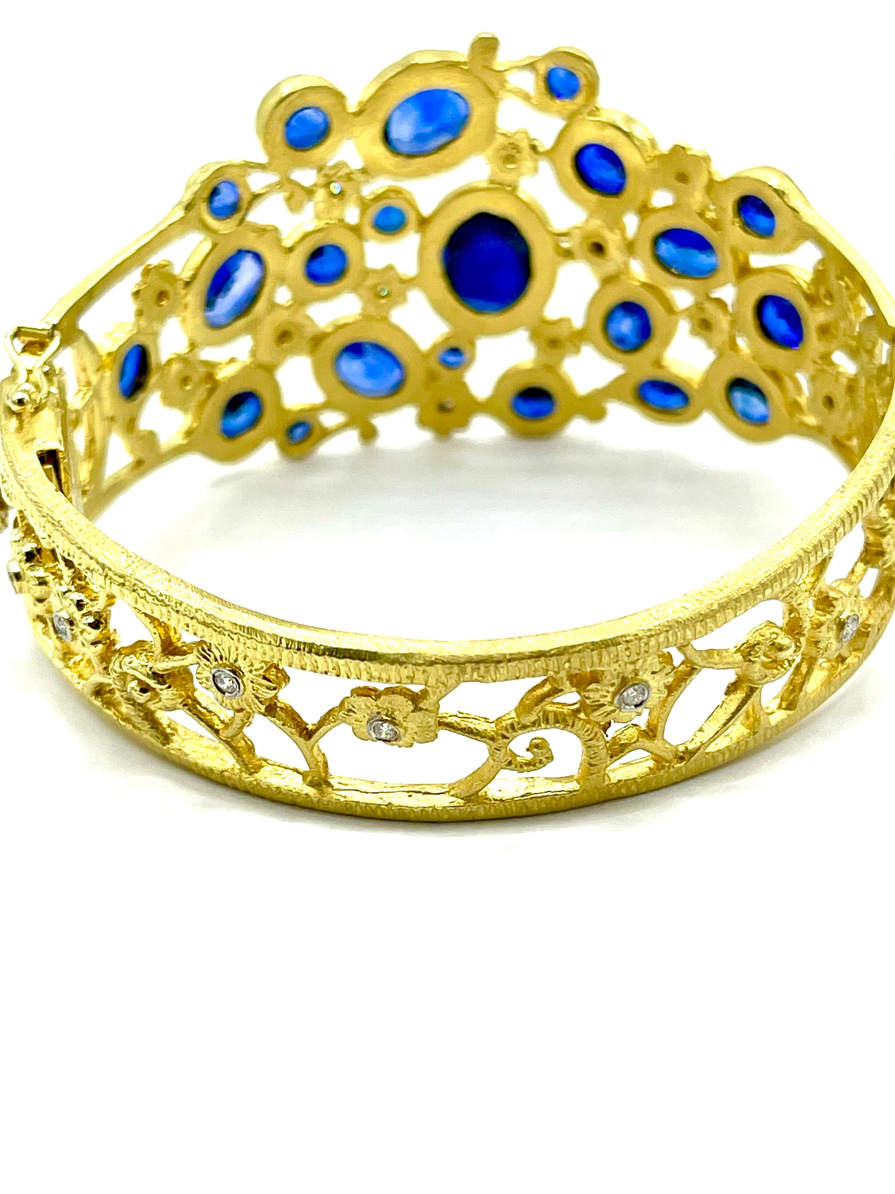 Mixed Cut Tanya Farah 29.70 Carat Sapphire and Diamond Floral Yellow Gold Bracelet