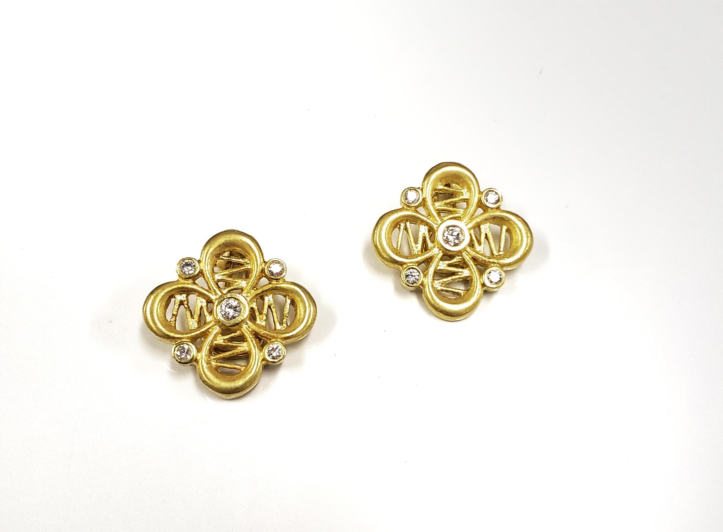 Tanya Farah 18K Yellow Gold  Passion Flower Diamond Bezel Earrings. Perfect for everyday, these earrings boast a floral motif and sits effortlessly on the ear with 18K posts and omega backs. (Approx.  0.40 CTW).  Handcrafted in New York. 
