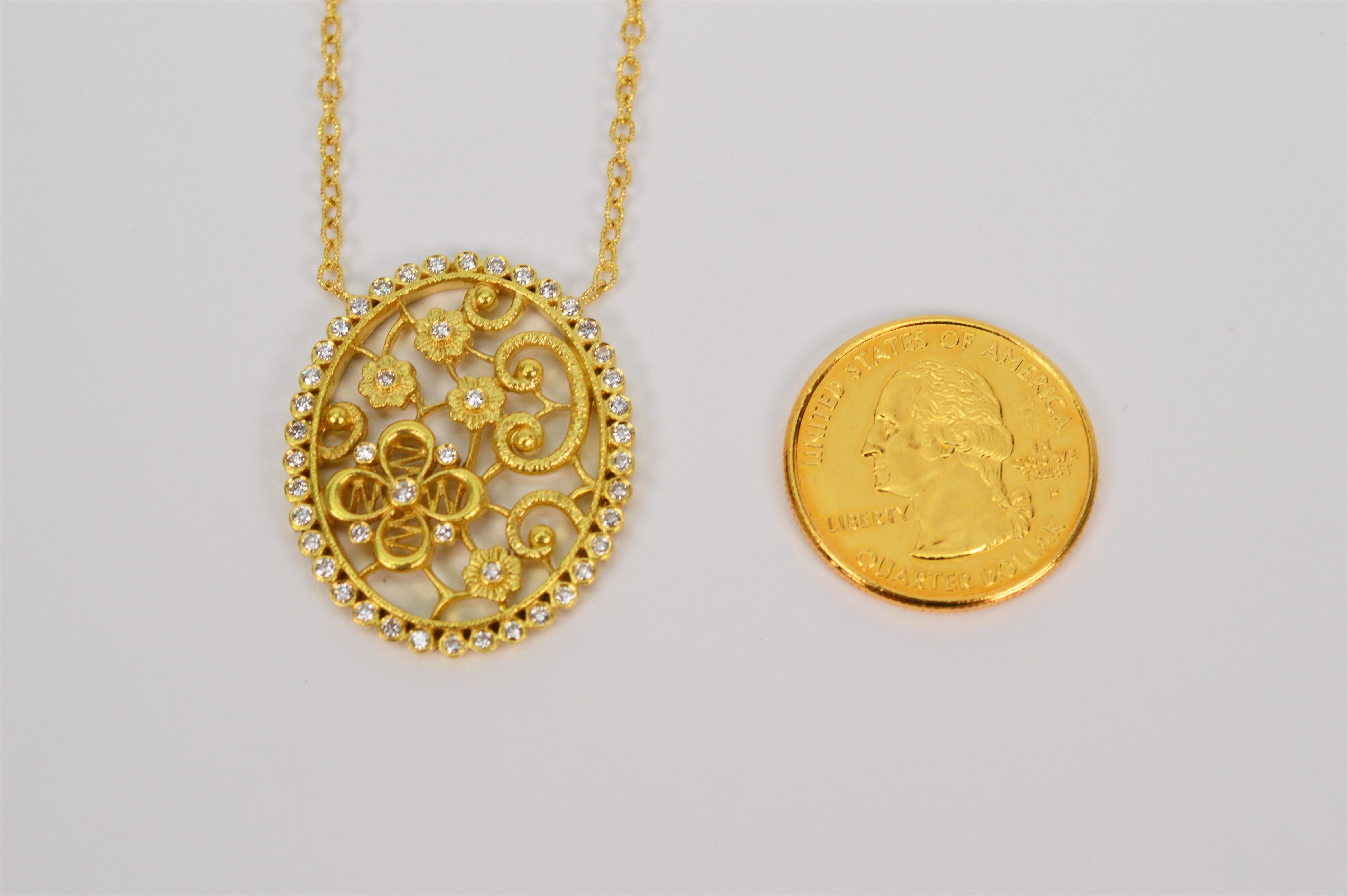 Round Cut Tanya Farah Multi Diamond Four Petal Flower 18K Gold Pendant Necklace For Sale