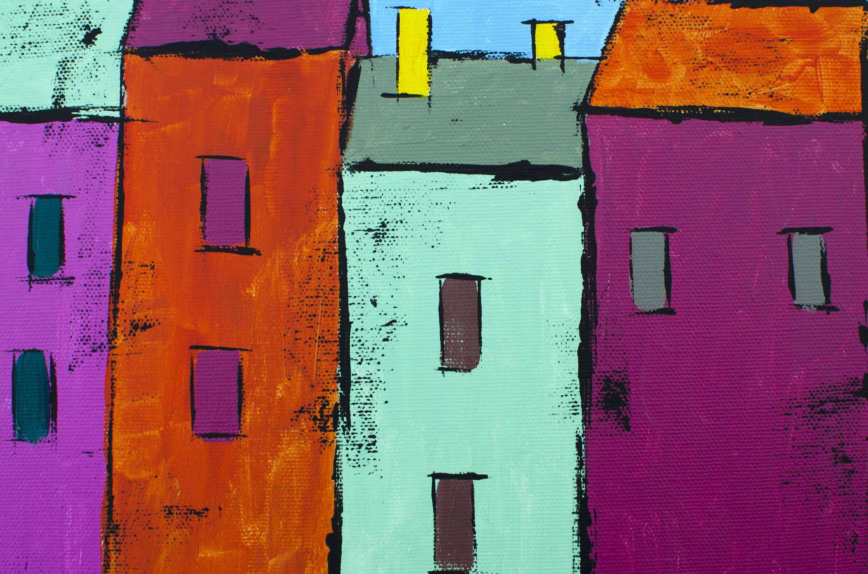 Este colorido paisaje urbano abstracto está pintado con acrílico y óleo sobre lienzo tensado.  ¡Brillante y enérgico! :: Pintura :: Contemporánea :: Esta obra viene con un certificado oficial de autenticidad firmado por el artista :: Lista para