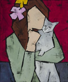 Girl with a Cat, Painting, Oil on Canvas