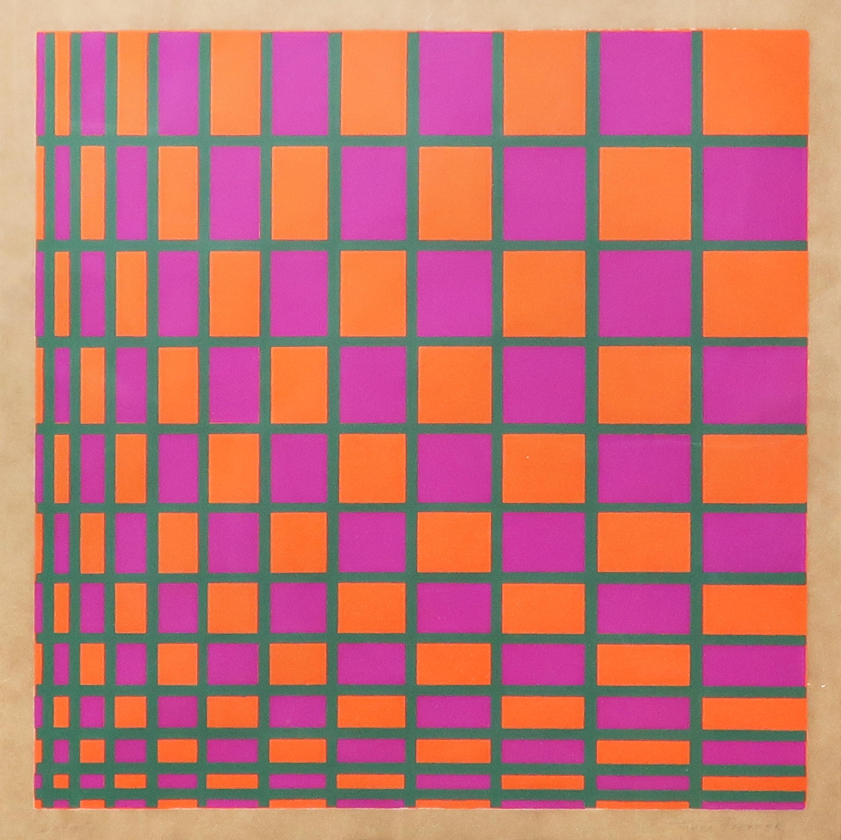 A lovely Op Art painting on brown paper by Tanya Pfeffer, likely from the 1970s. Orange and pink squares separated by greenish gray lines in descending size from right to left. In a white painted metal frame with off-white matte. Signed in pencil by