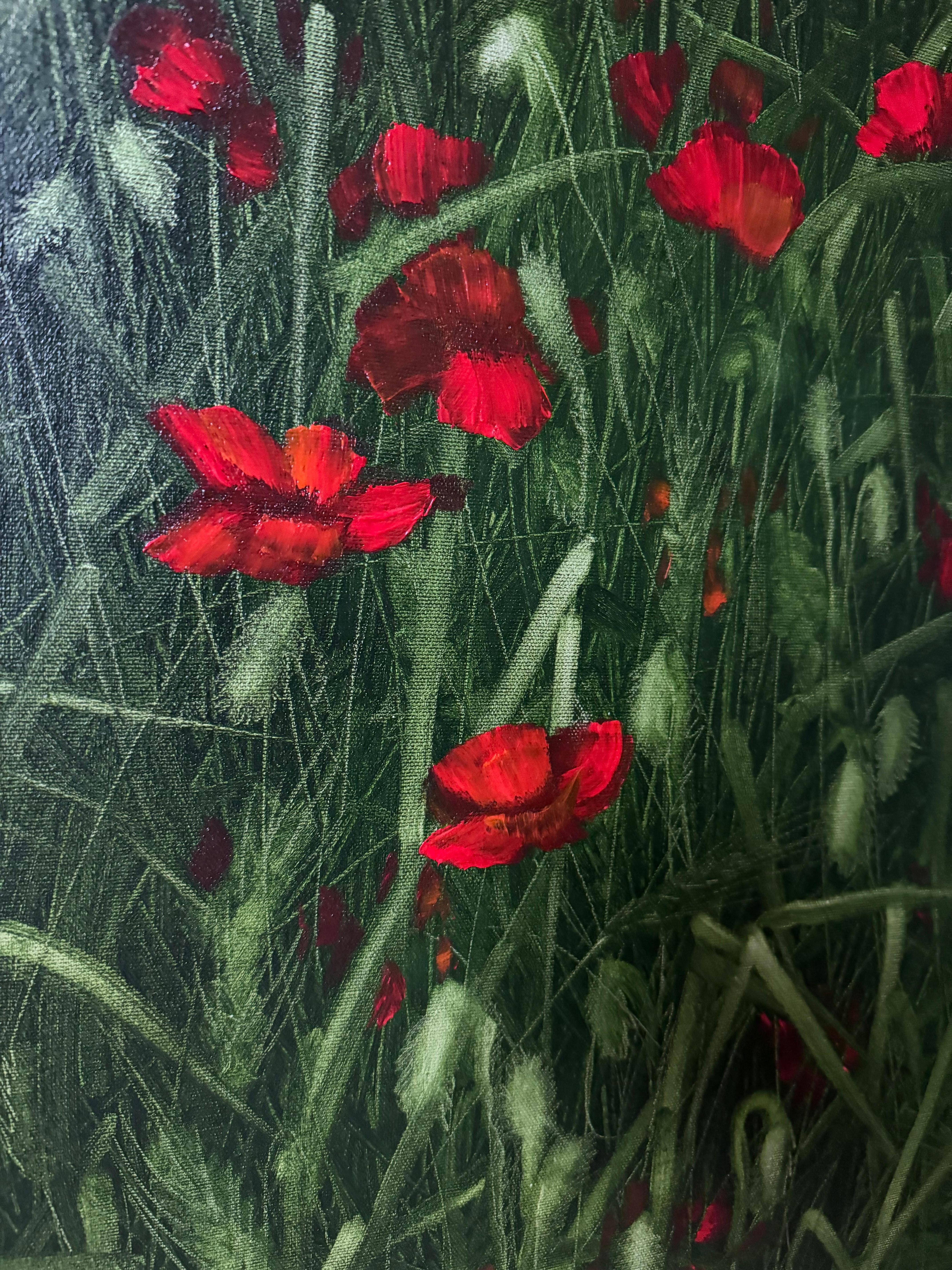 Zu diesem Werk wurde ich durch einen Besuch am Polly Joke Beach in Cornwall inspiriert. Es war eine unglaubliche Weite der roten Mohnblumen über dem Meer. Ich habe das Bild in meiner eigenen Technik gemalt und leuchtende Flecken von roten Blumen