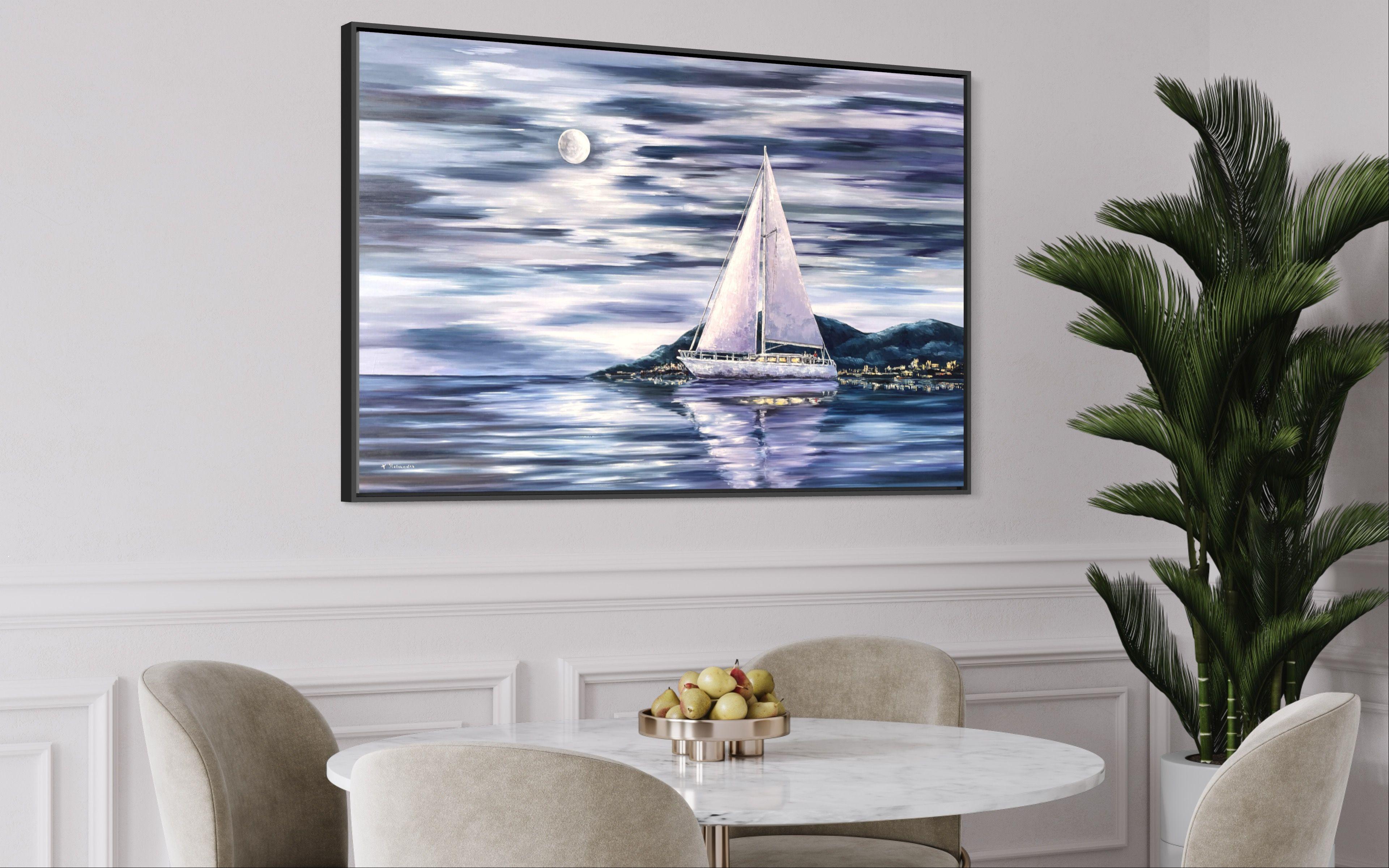 Mondsegelboot, Gemälde, Öl auf Leinwand im Angebot 2