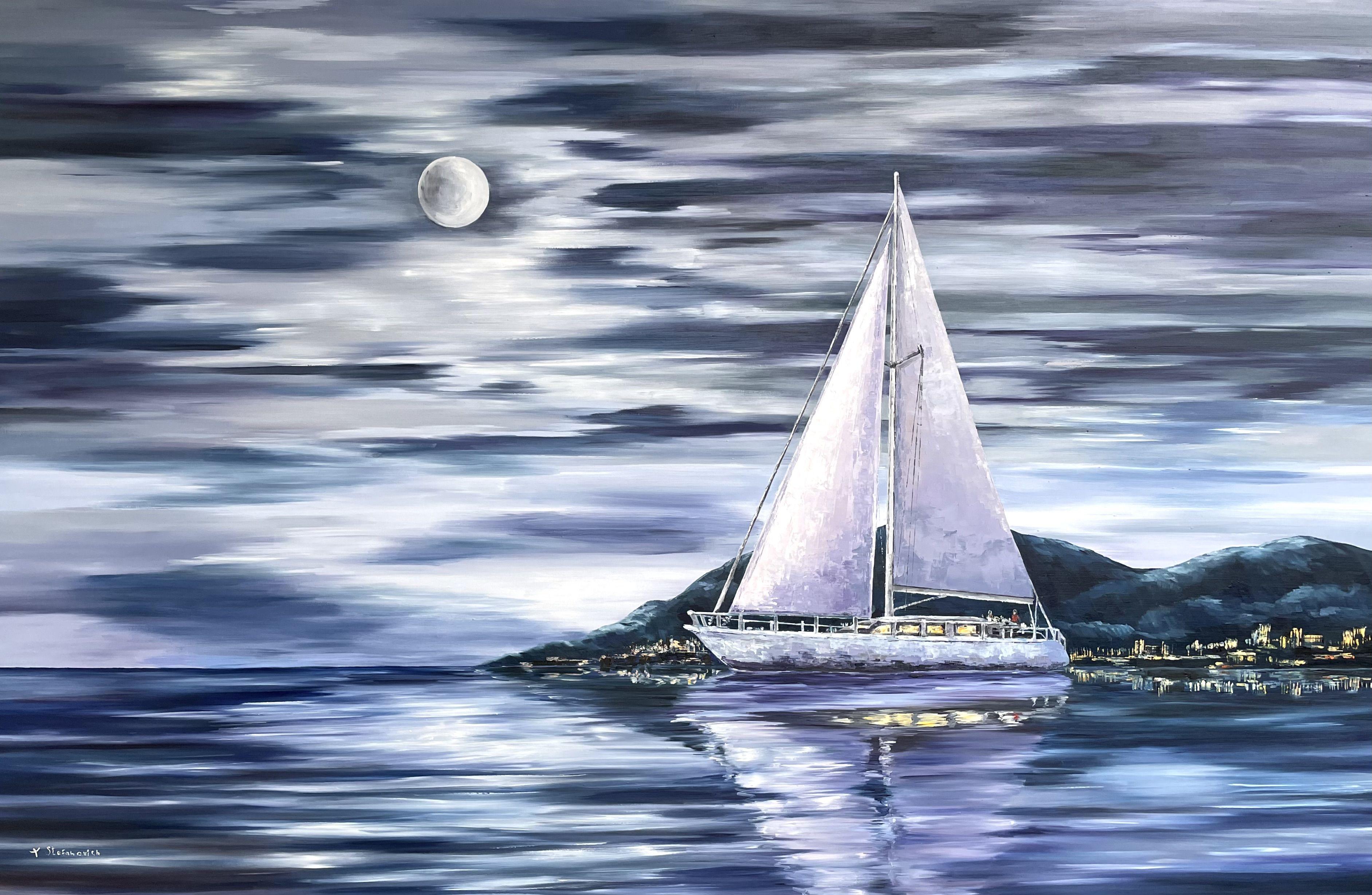 Mondsegelboot, Gemälde, Öl auf Leinwand – Painting von Tanya Stefanovich
