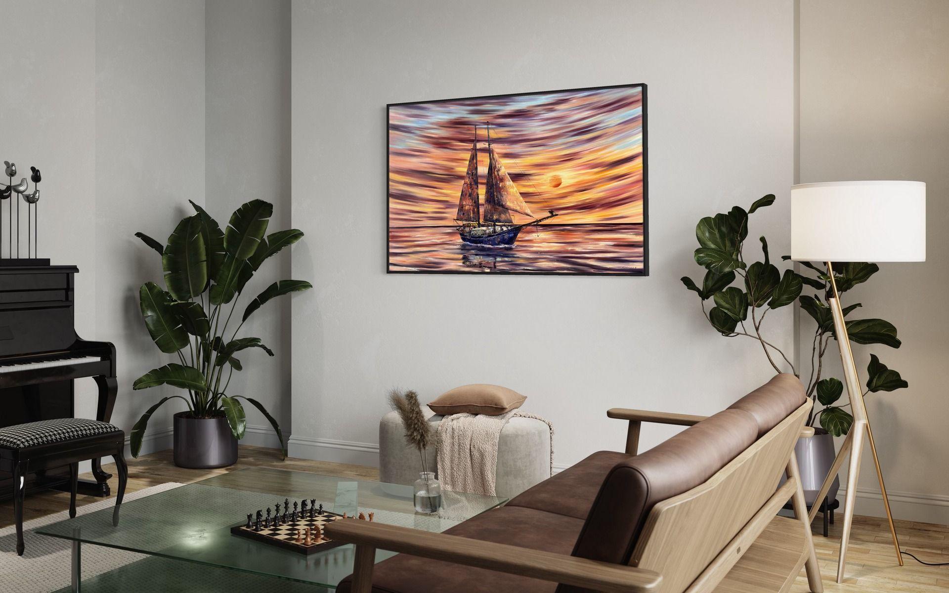 Serene seascape with a brown-toned sunset sky, featuring a sailboat peacefully gliding on calm waters. The artist has used elegant curved brushstrokes to capture the beauty and tranquility of this maritime scene.  Amidst the tranquil waters, a