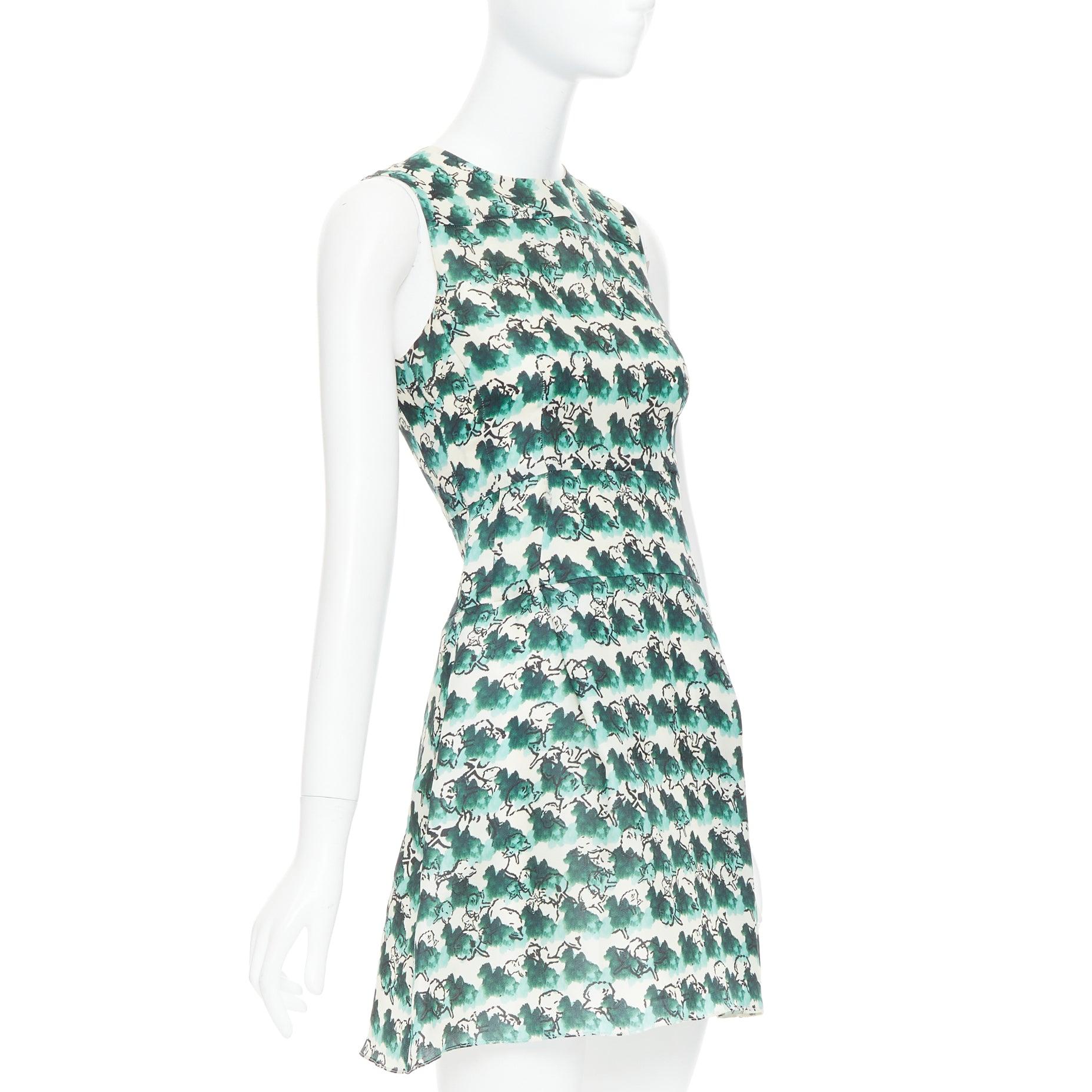 Green TANYA TAYLOR green cream silk abstract print sleeveless A-line dress US0 XS For Sale