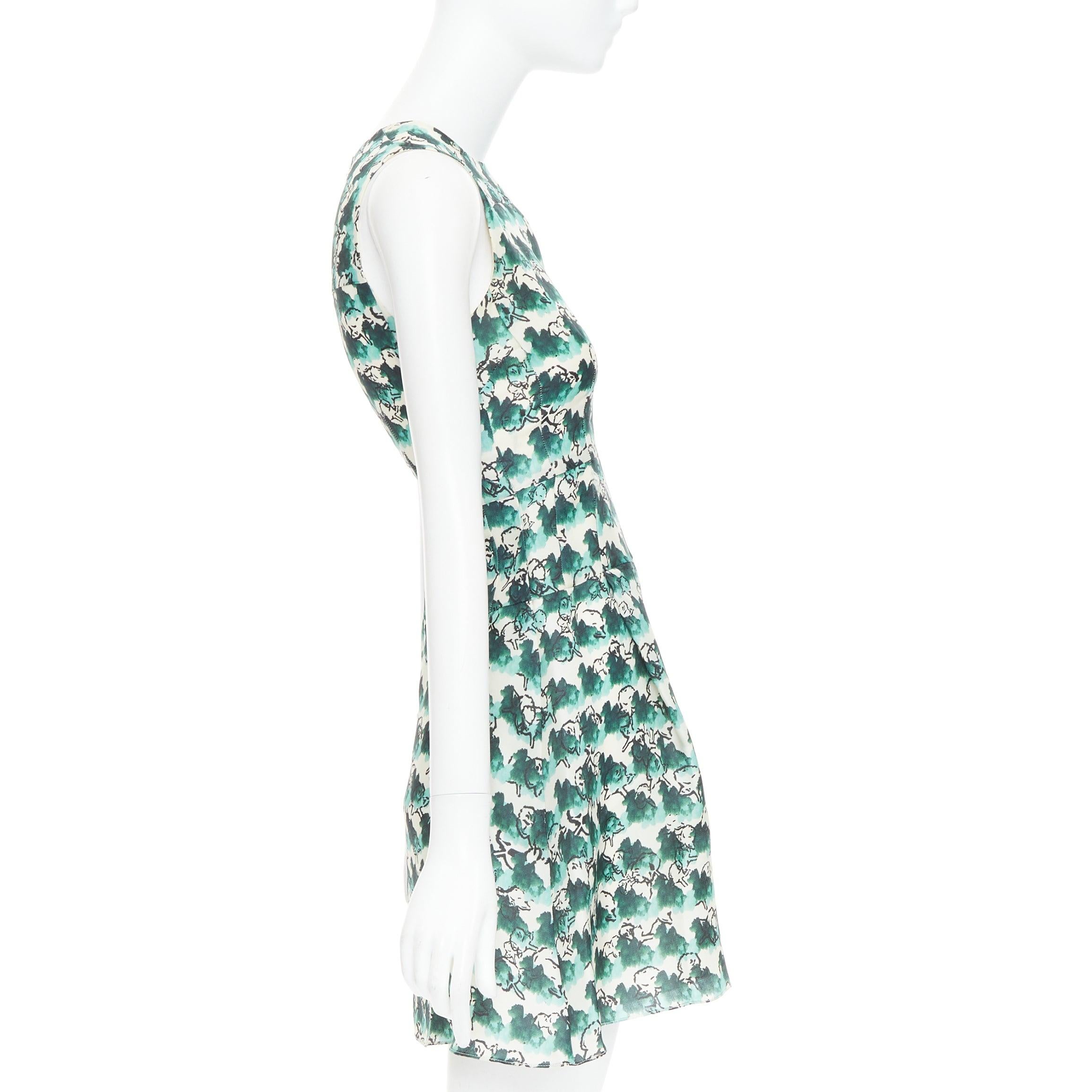 TANYA TAYLOR green cream silk abstract print sleeveless A-line dress US0 XS In Good Condition For Sale In Hong Kong, NT