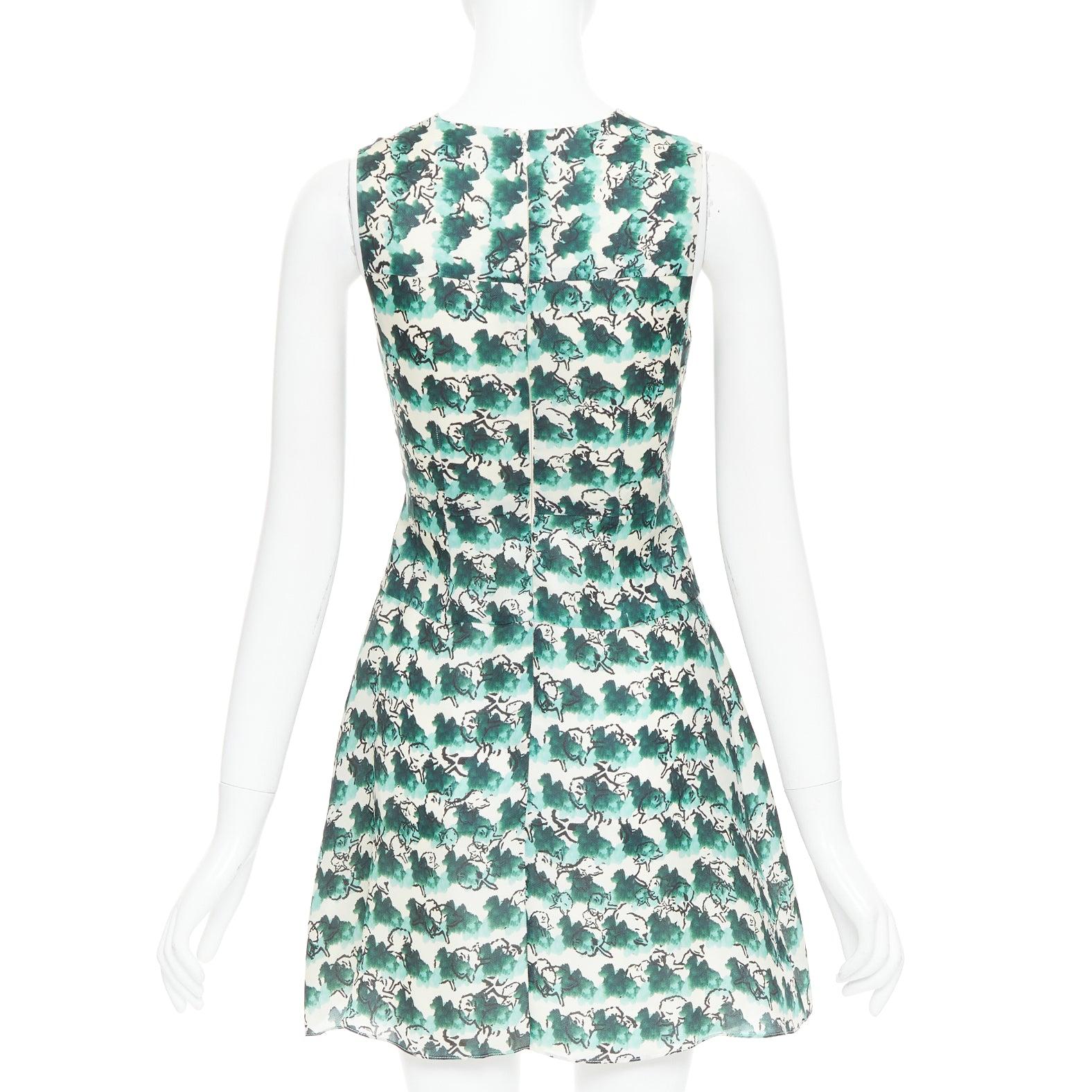 Women's TANYA TAYLOR green cream silk abstract print sleeveless A-line dress US0 XS For Sale
