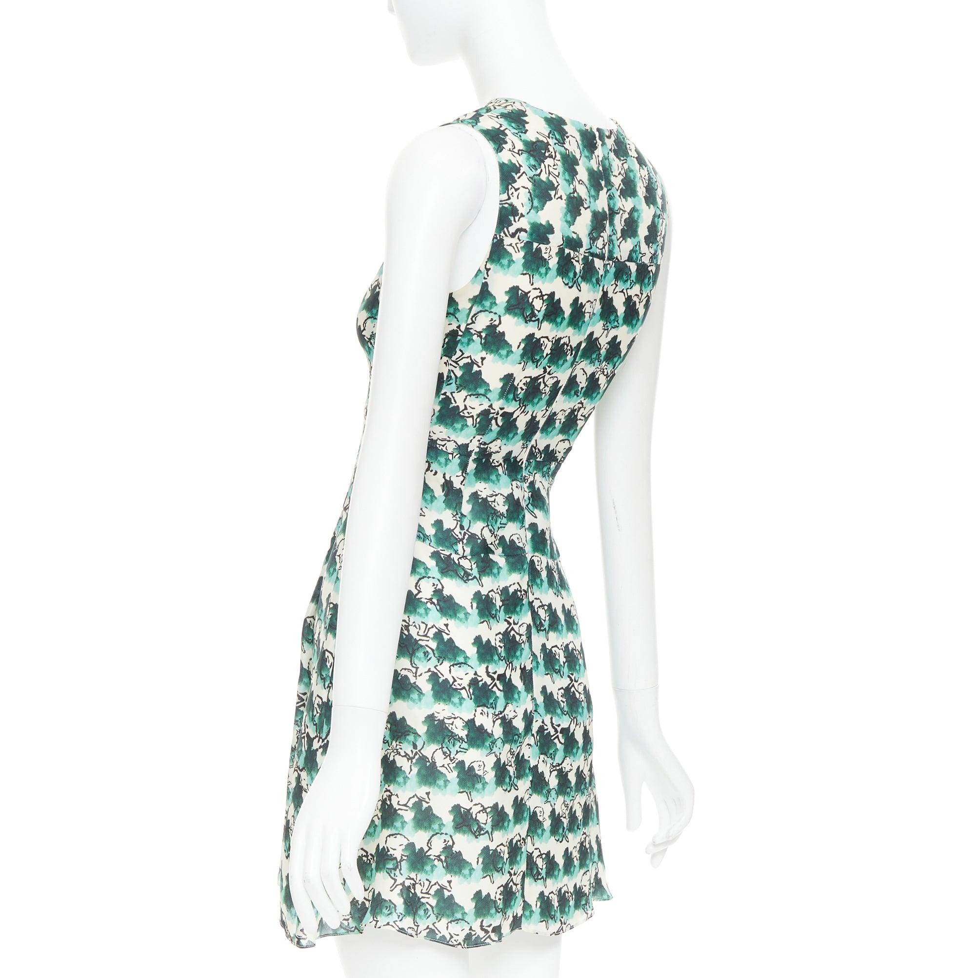 TANYA TAYLOR green cream silk abstract print sleeveless A-line dress US0 XS For Sale 1