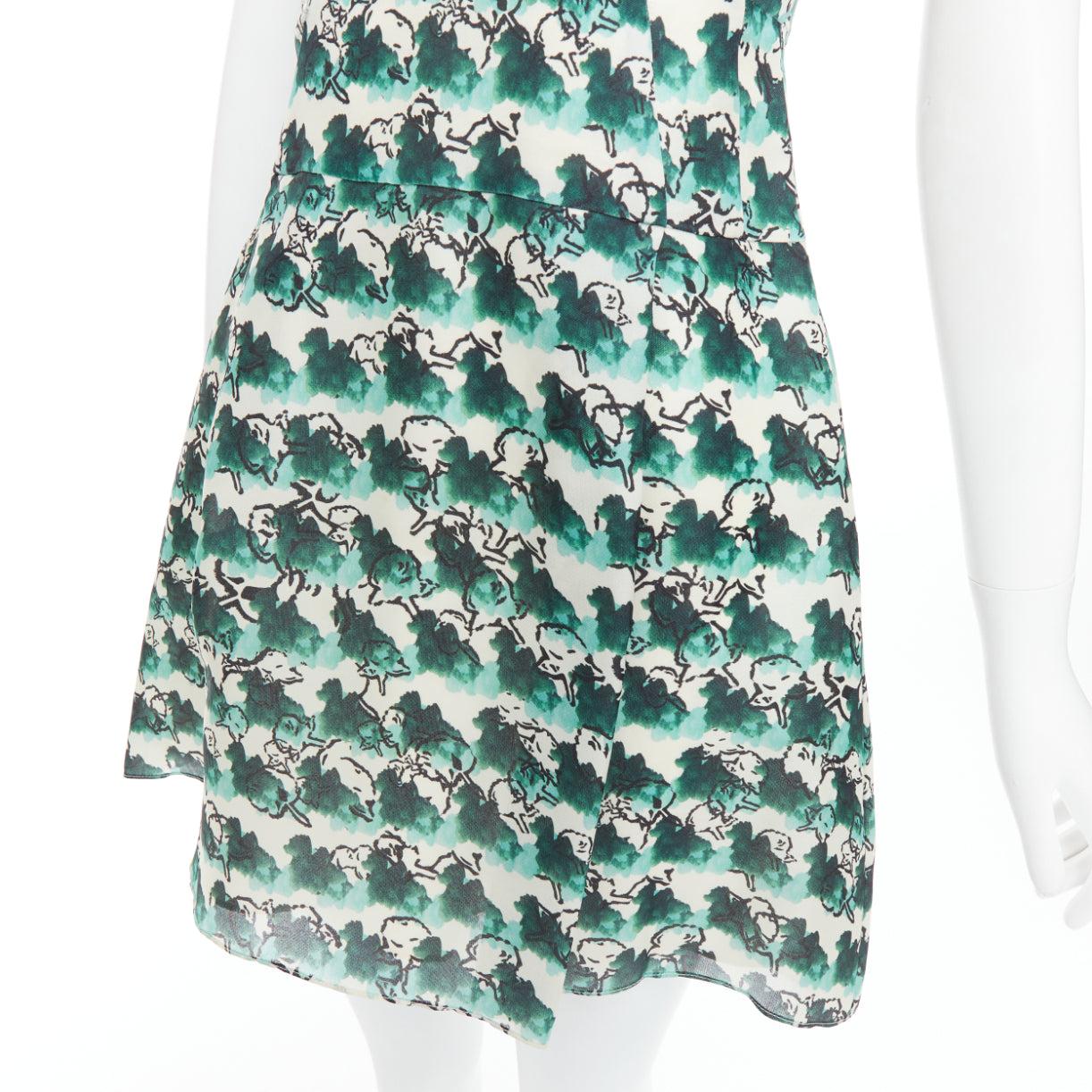 TANYA TAYLOR green cream silk abstract print sleeveless A-line dress US0 XS For Sale 2
