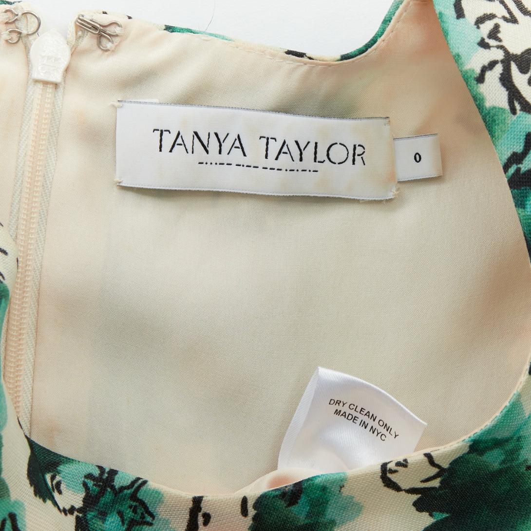 TANYA TAYLOR green cream silk abstract print sleeveless A-line dress US0 XS For Sale 3