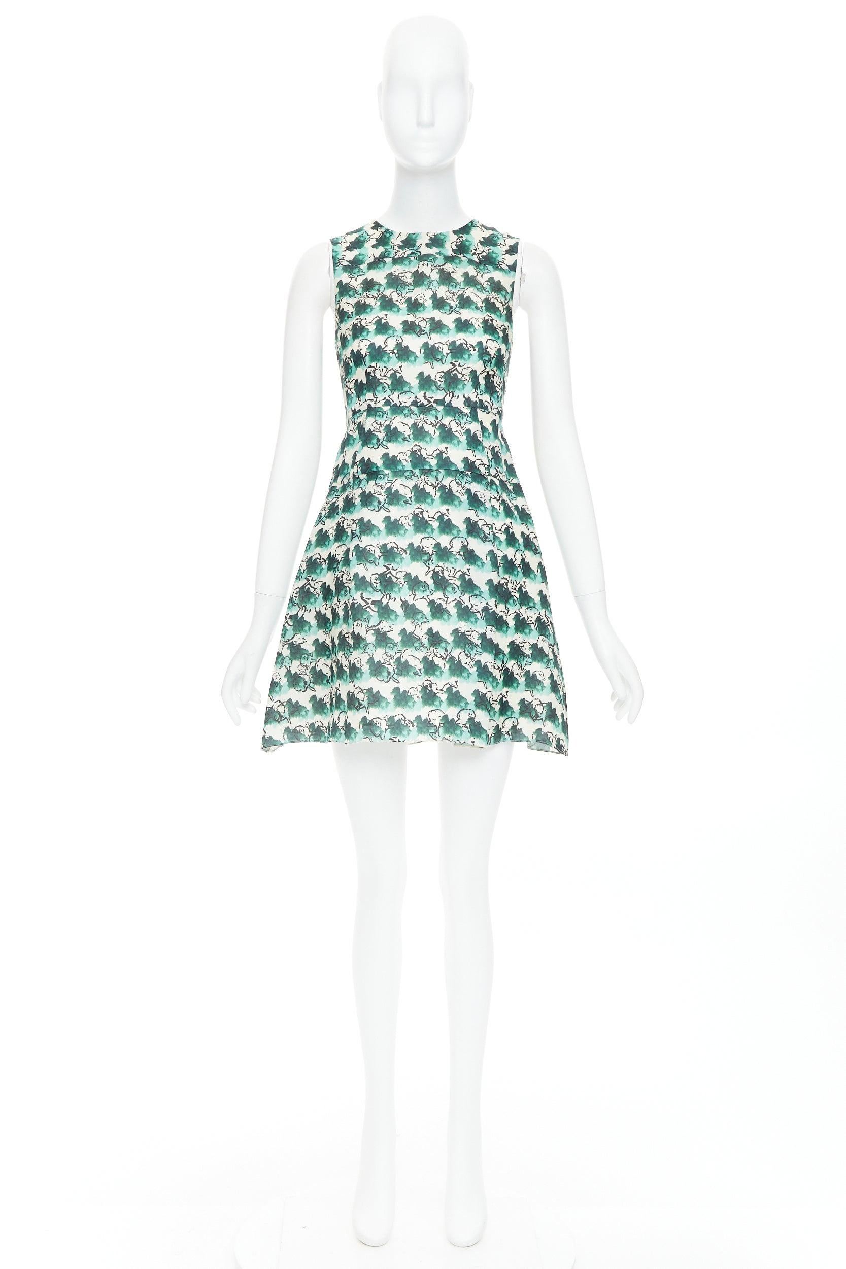 TANYA TAYLOR green cream silk abstract print sleeveless A-line dress US0 XS For Sale 4