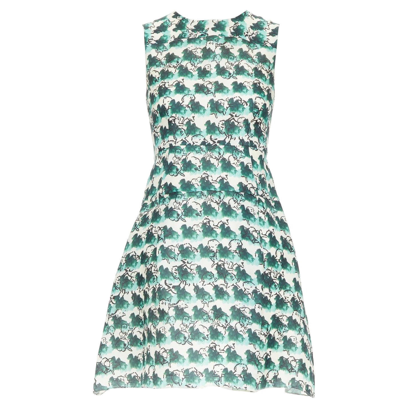 TANYA TAYLOR abito in seta verde crema con stampa astratta, senza maniche, linea A US0 XS