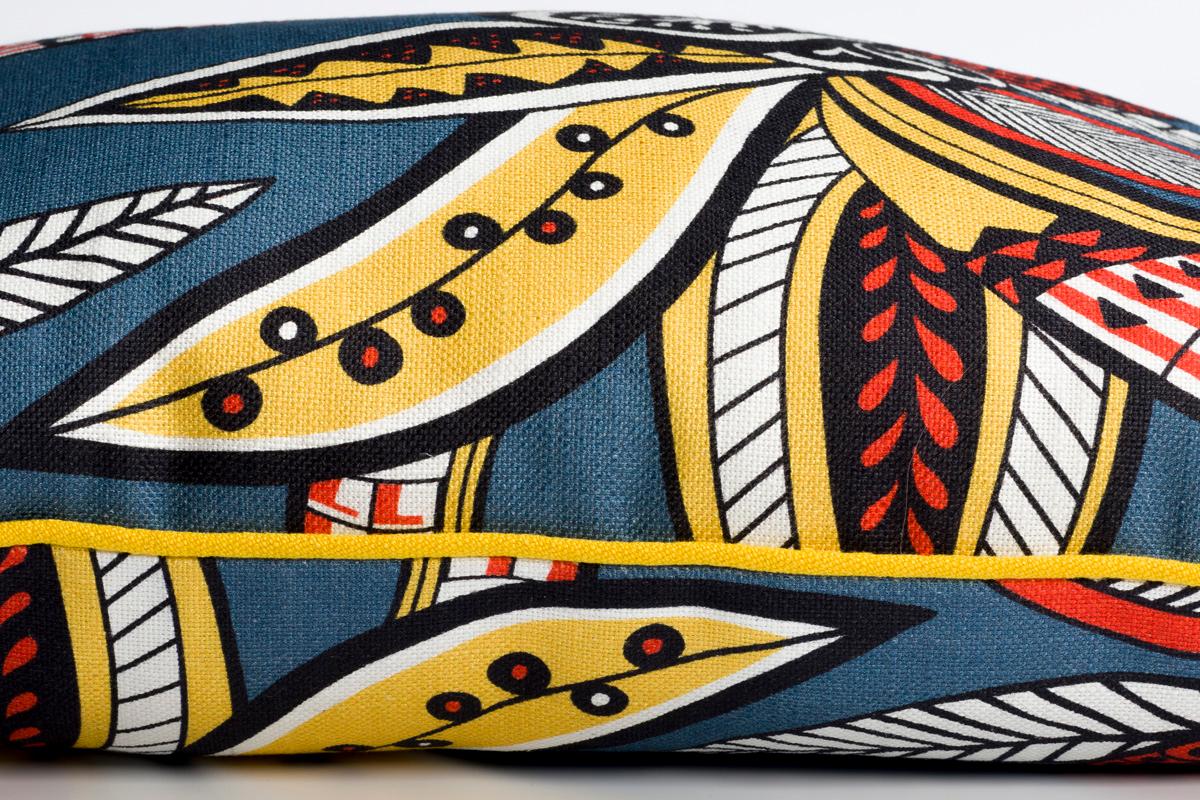 Tanzania blue and yellow multicolored floral linen cushion: this printed floral design is inspired by the bright colors and delightful patterns of Senegalese textiles. The result is a stunning large scale motive echoing the joyful spirit of the