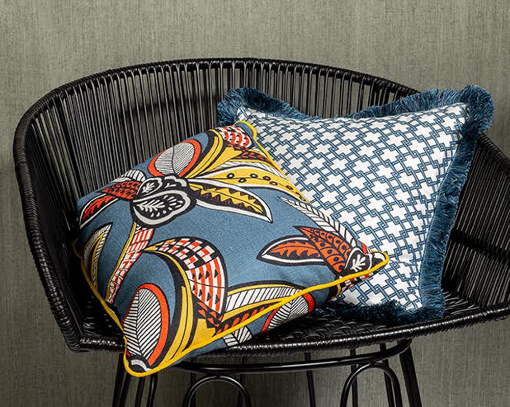 Contemporary Tanzania Blue and Yellow Multicolored Floral Linen Cushion For Sale