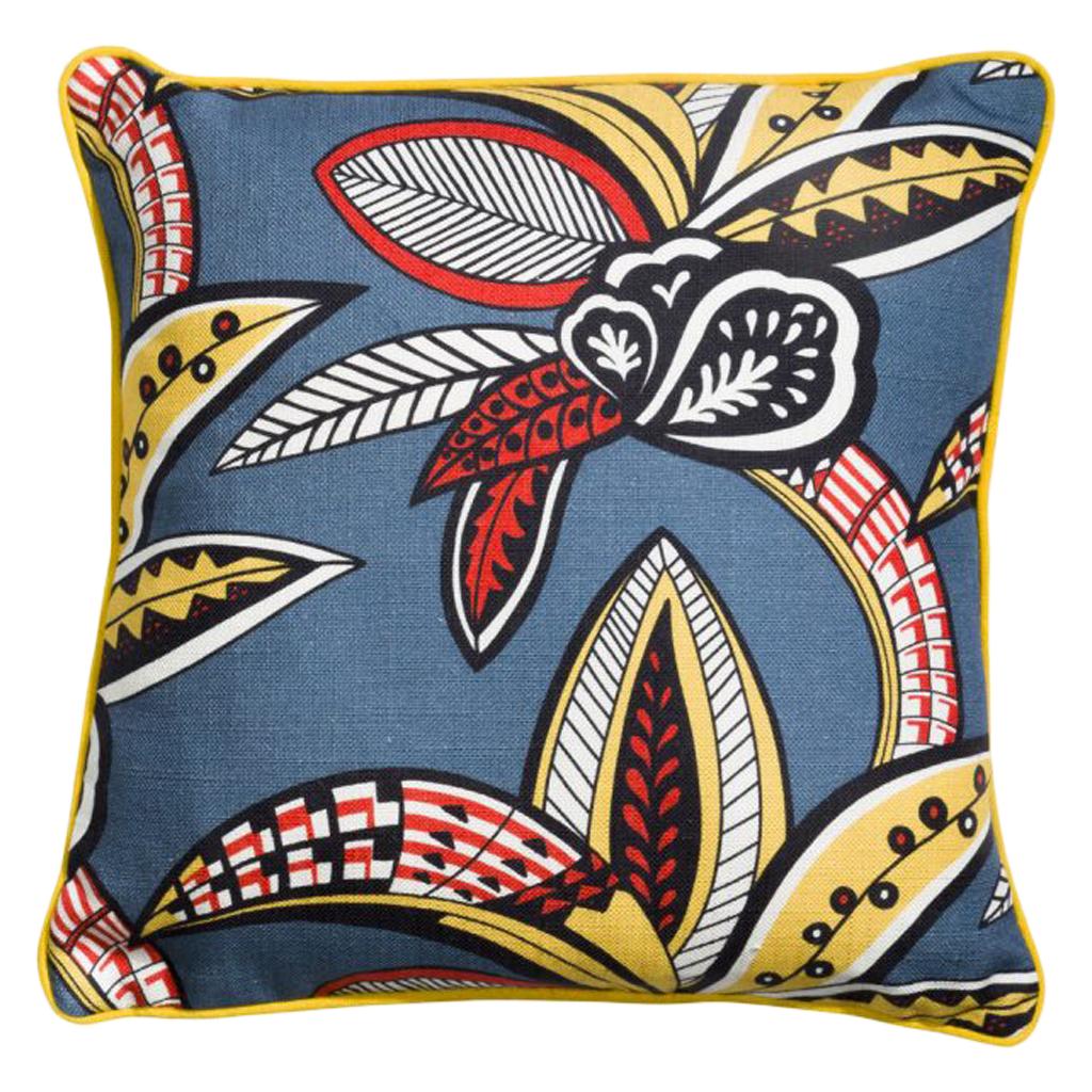 Tanzania Blue and Yellow Multicolored Floral Linen Cushion For Sale