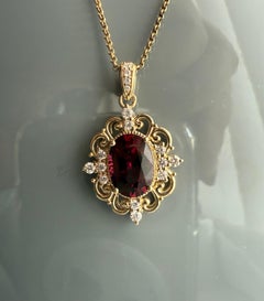 Tanzanian Garnet Pendant with Diamonds in Yellow Gold Vintage Style