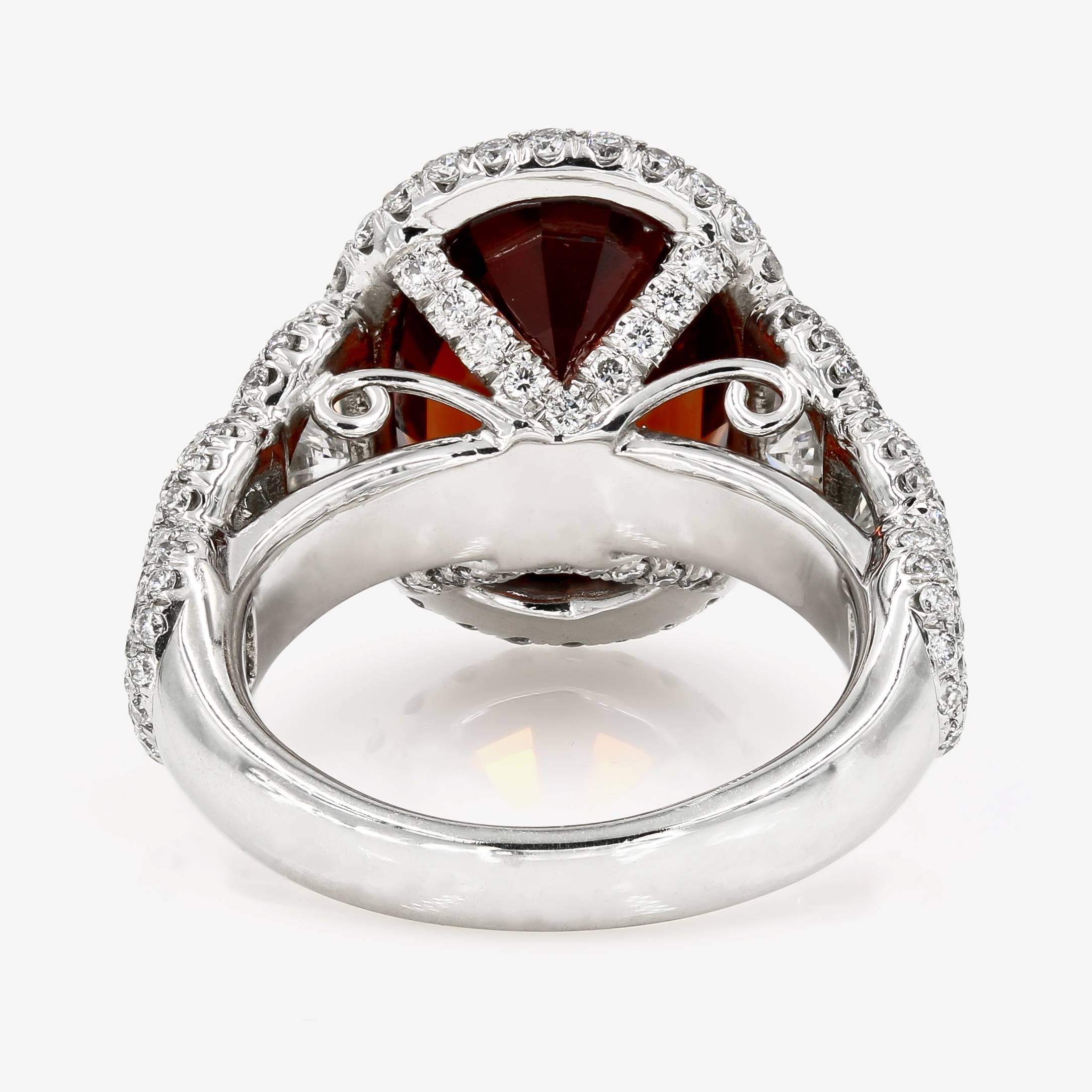 Contemporary Tanzanian Malaya Garnet and Diamond Ring in Platinum