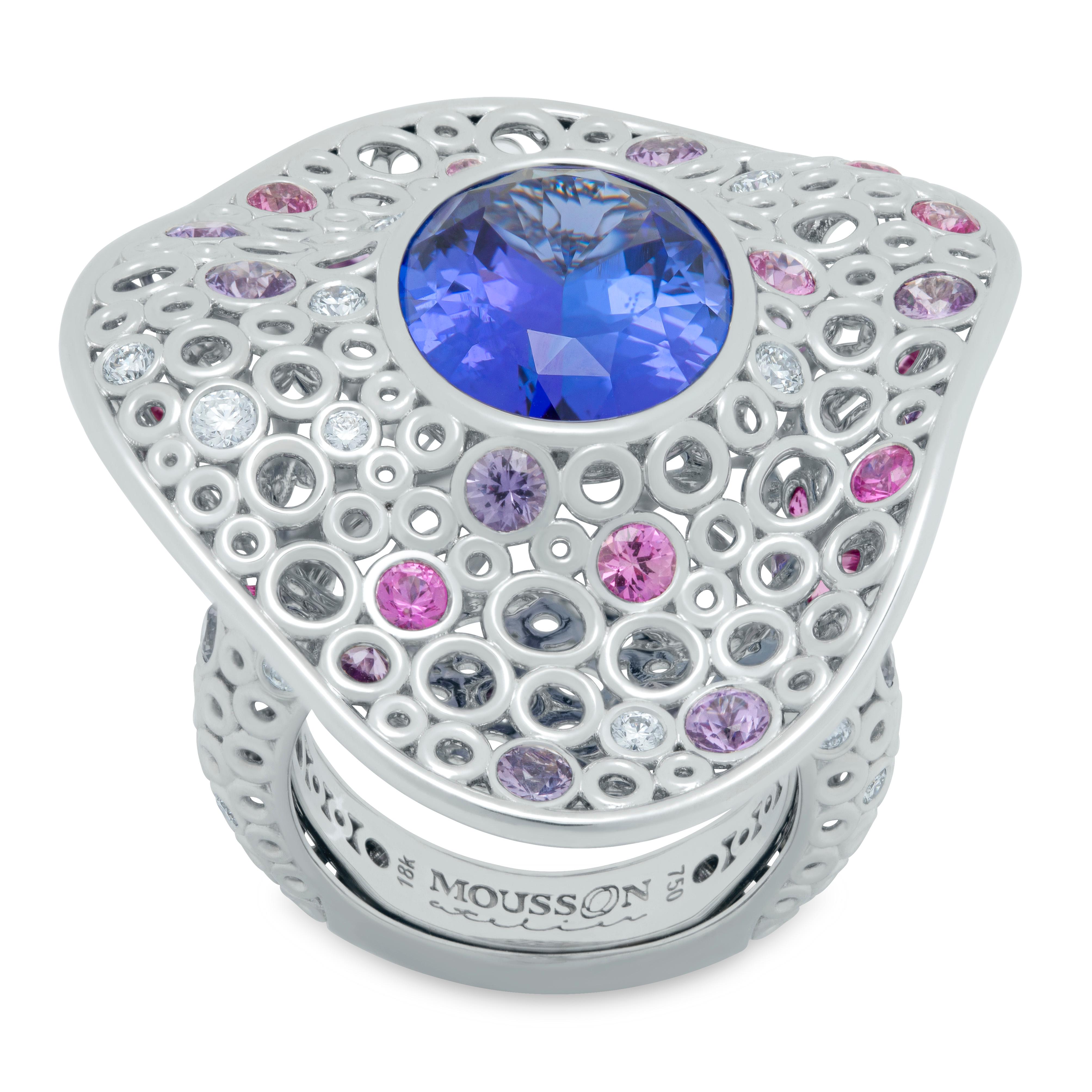 Tanzanite 12.42 Carat Diamonds Sapphires 18 Karat White Gold Bubbles Ring
Incredibly light and airy Ring from our Bubbles Collection. White 18 Karat Gold is made in the form of variety of small bubbles, some of which have 23 Pink weighing 1.53 Carat