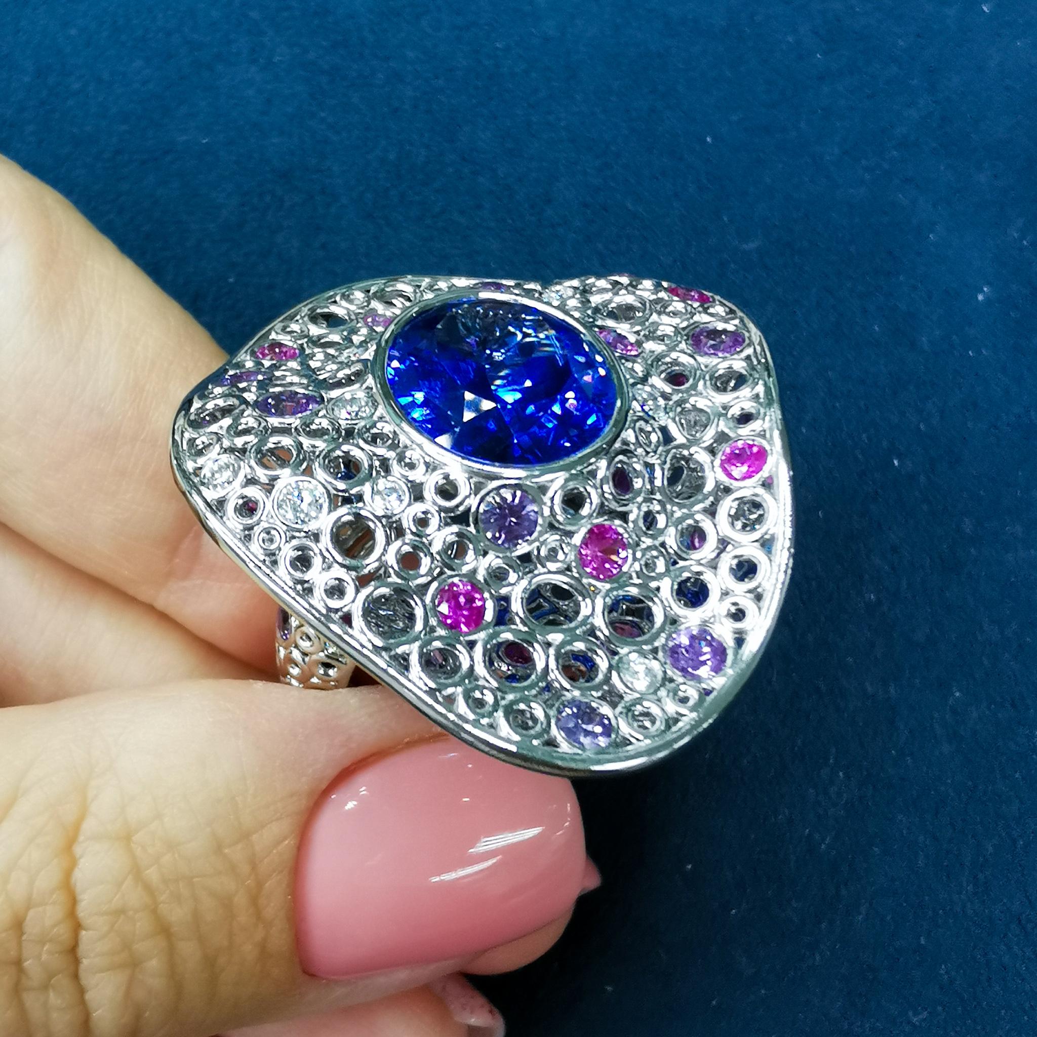 Oval Cut Tanzanite 12.42 Carat Diamonds Sapphires 18 Karat White Gold Bubbles Ring For Sale