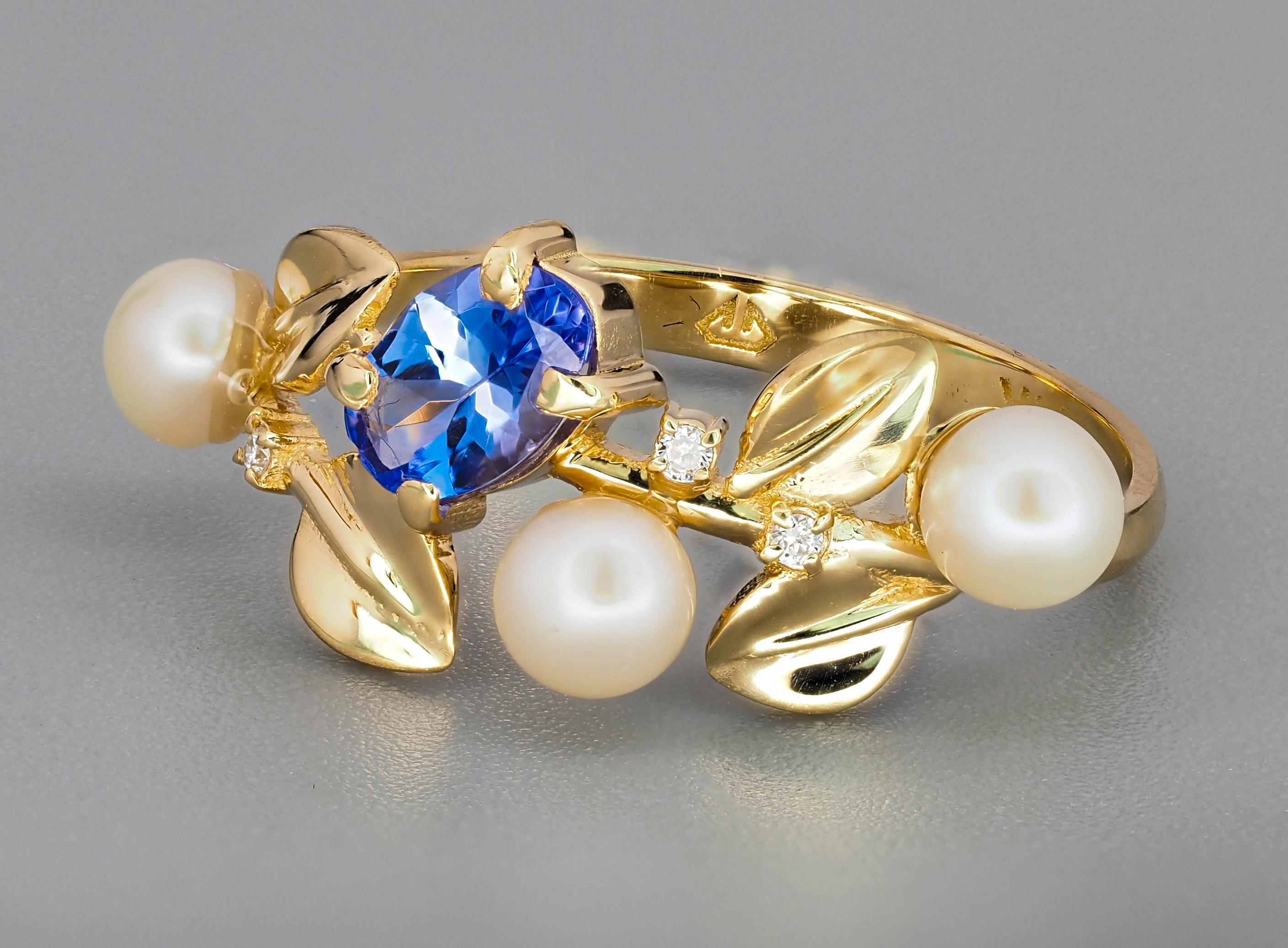 Im Angebot: Tansanit 14 Karat Gold Ring, Tansanit, Perlen und Diamanten Goldring () 3