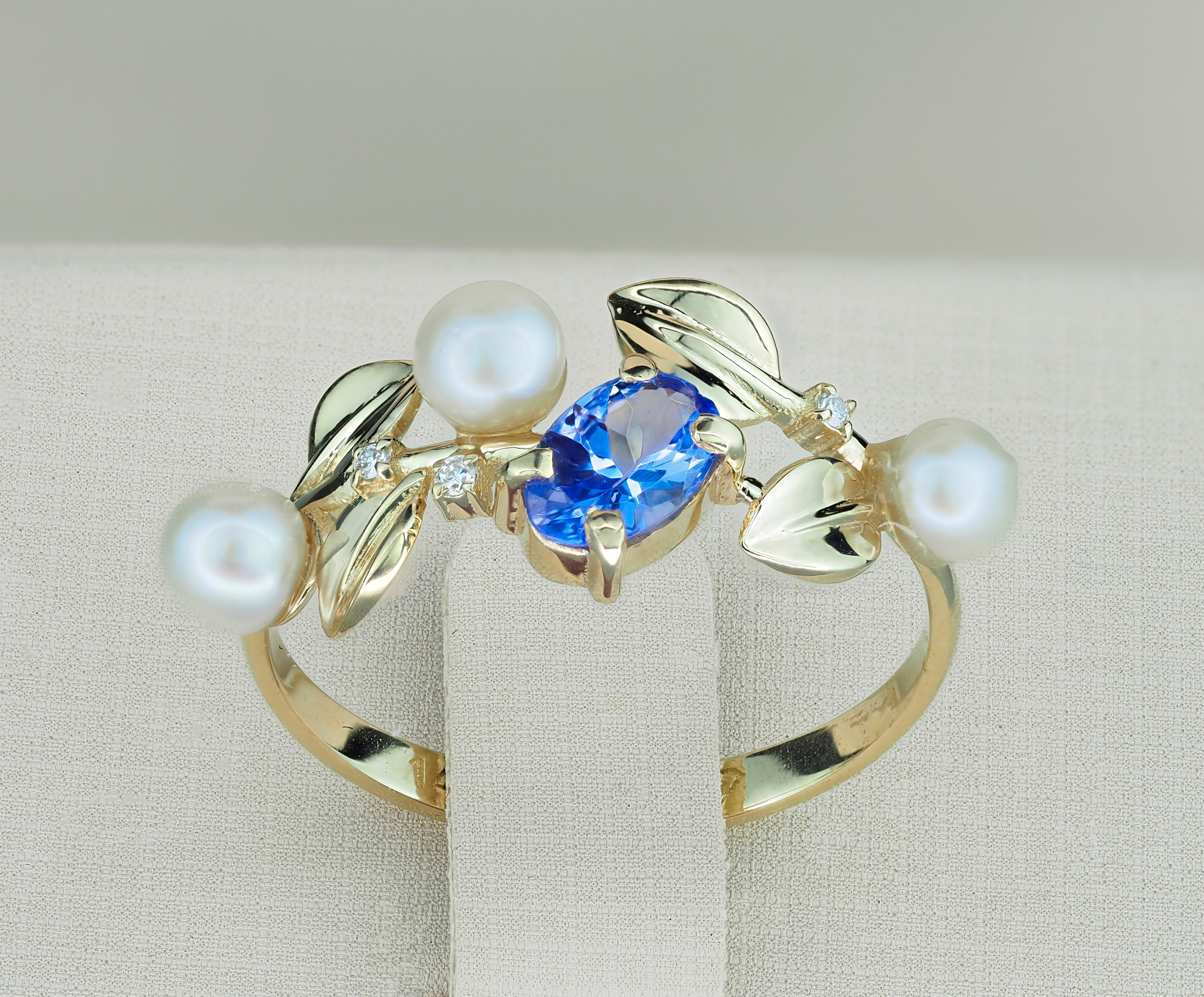 Im Angebot: Tansanit 14 Karat Gold Ring, Tansanit, Perlen und Diamanten Goldring () 6