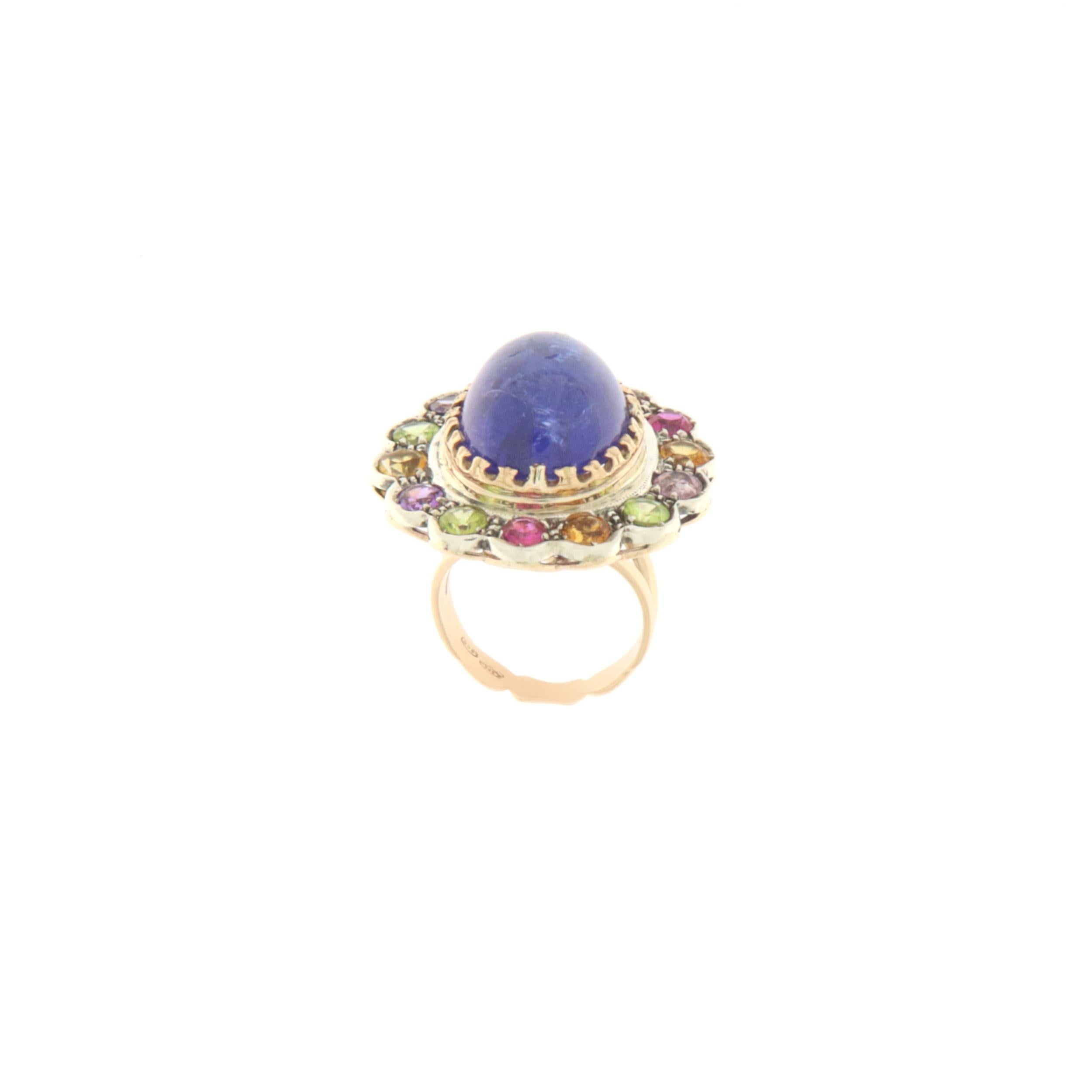 Tansanit 14 Karat Gelbgold Turmalin Amethyst Peridot Cocktail-Ring (Kunsthandwerker*in) im Angebot