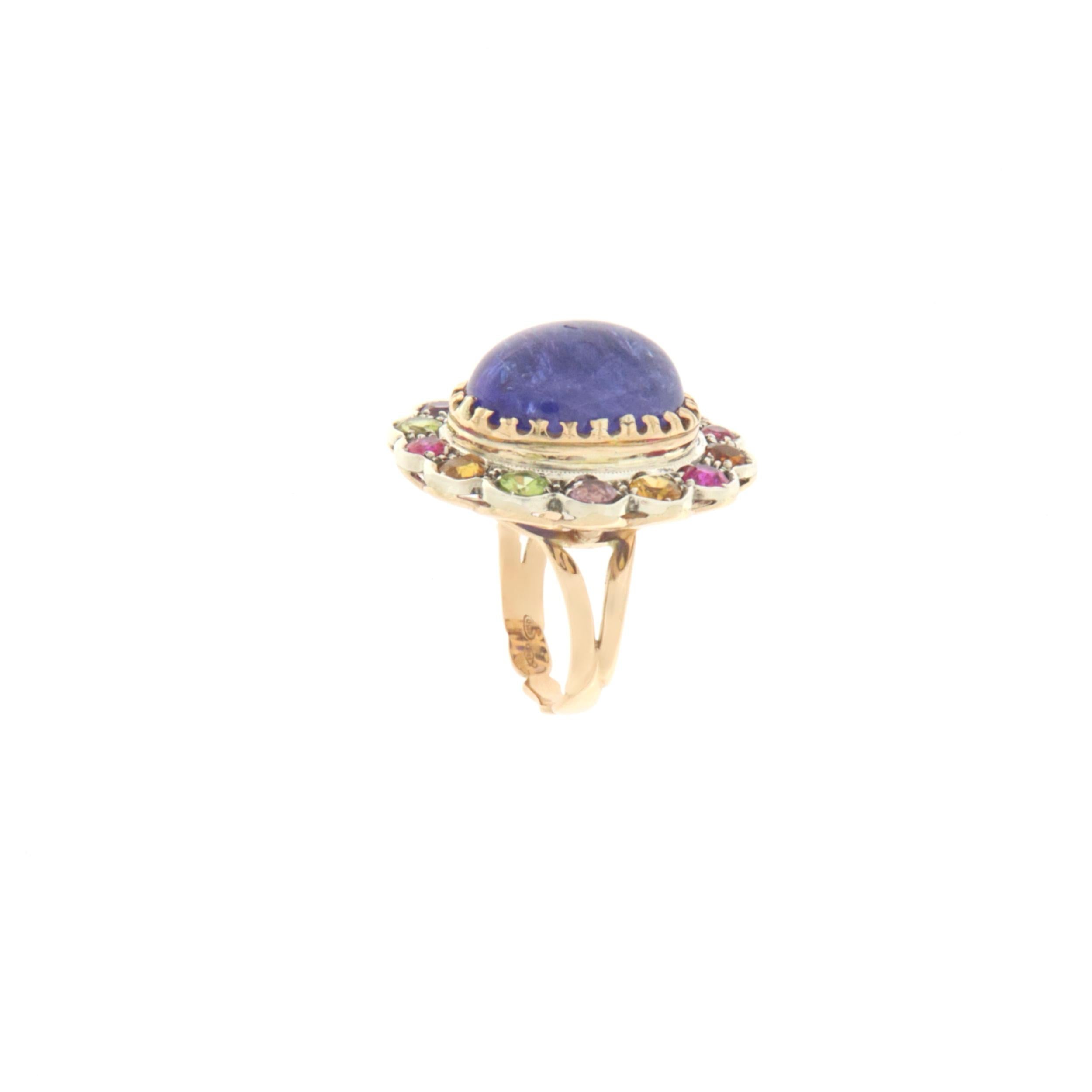 Emerald Cut Tanzanite 14 Karat Yellow Gold Tourmaline Amethyst Peridot Cocktail Ring For Sale