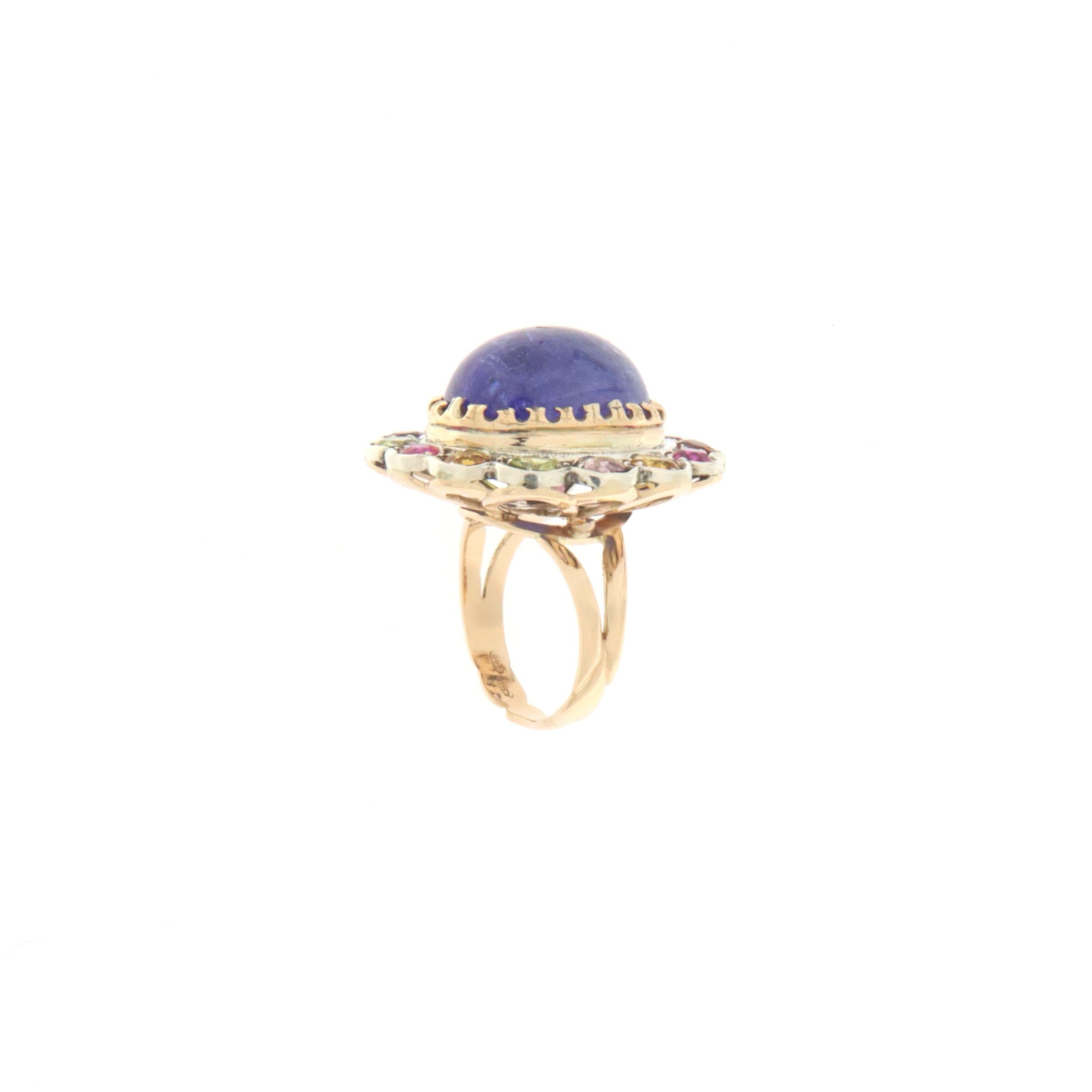 Tanzanite 14 Karat Yellow Gold Tourmaline Amethyst Peridot Cocktail Ring In New Condition For Sale In Marcianise, IT