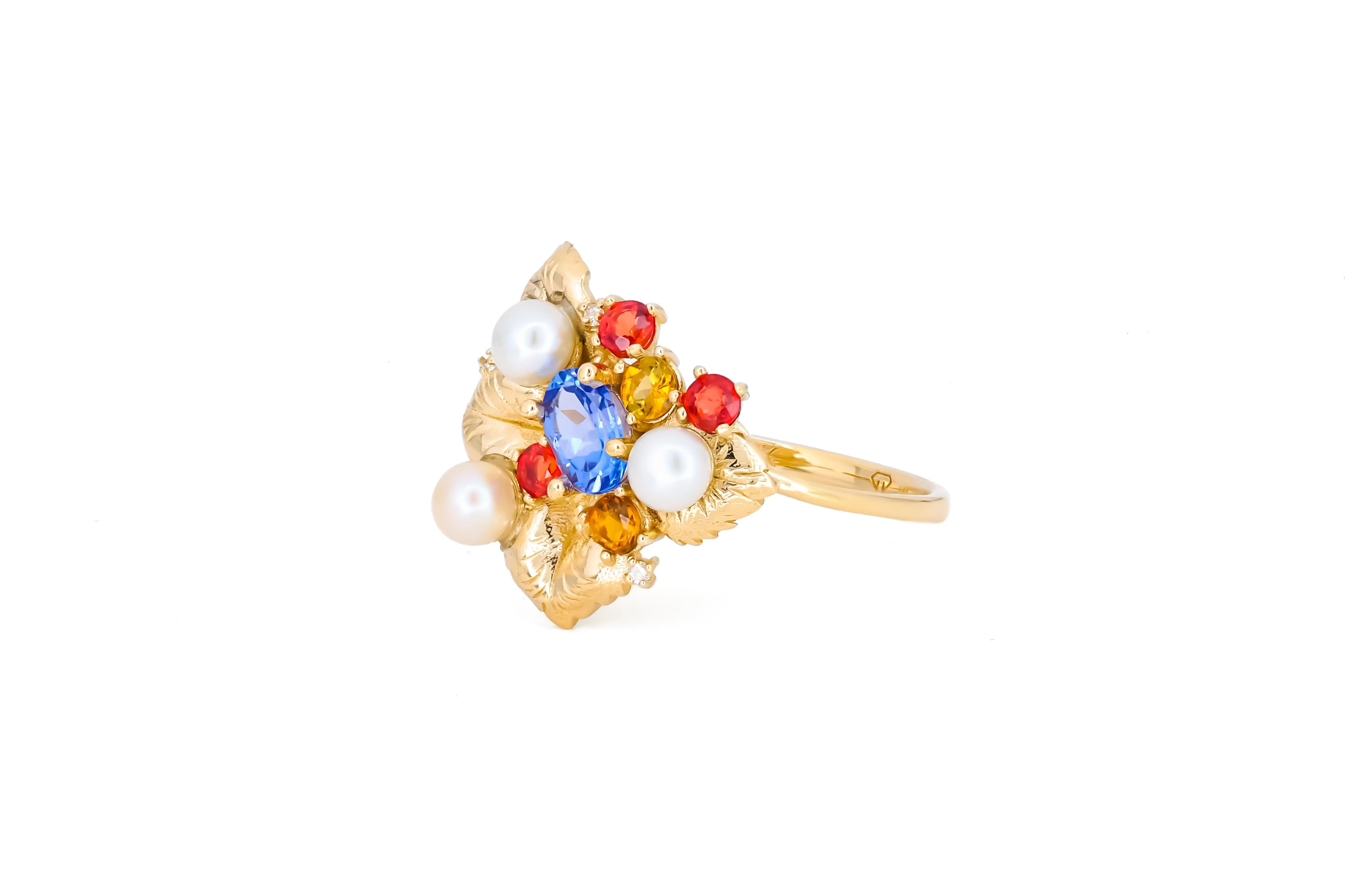 Im Angebot: Tansanit 14k Gold Ring, Blumenring mit Tansanit () 2
