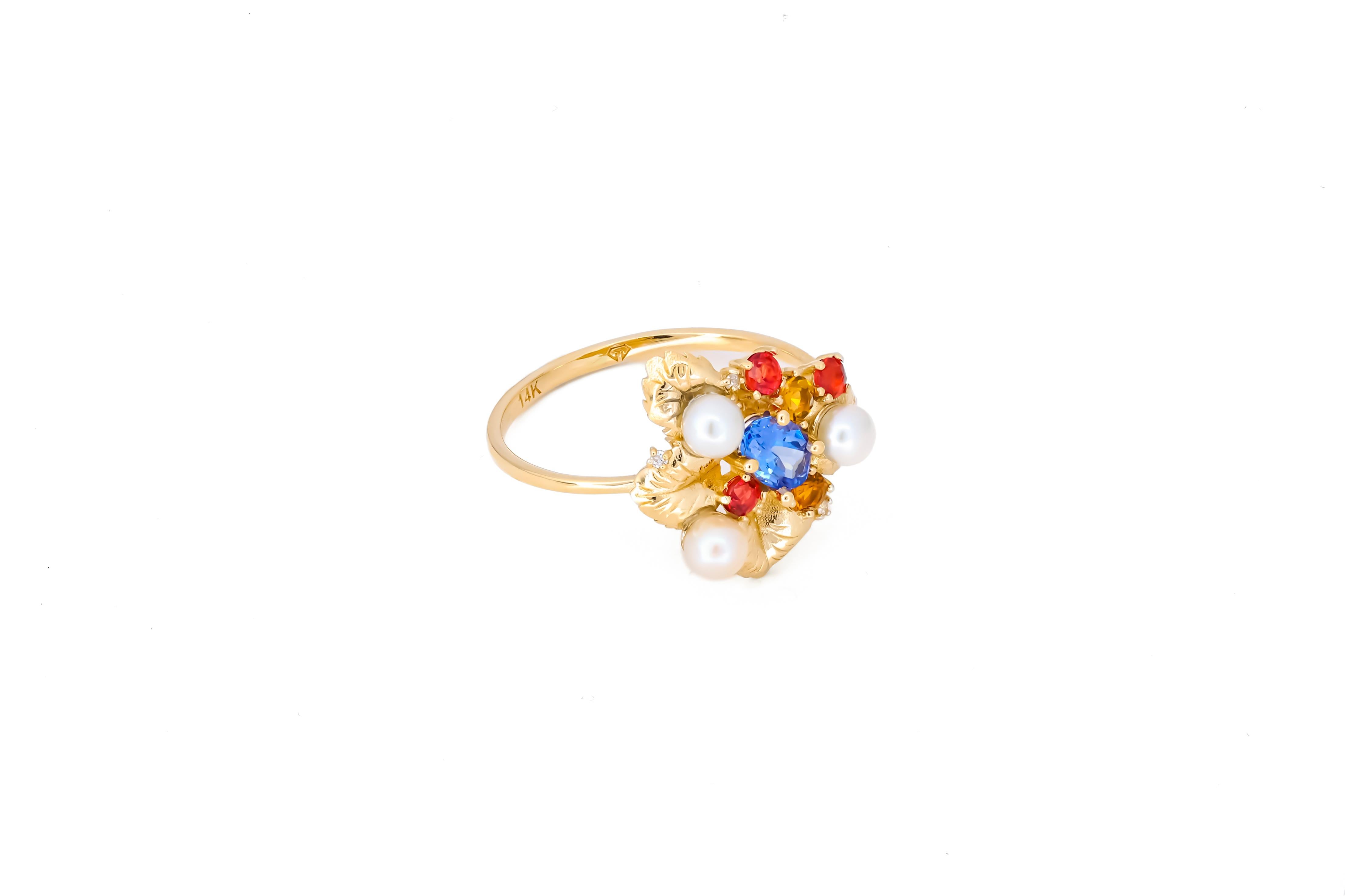 Im Angebot: Tansanit 14k Gold Ring, Blumenring mit Tansanit () 7
