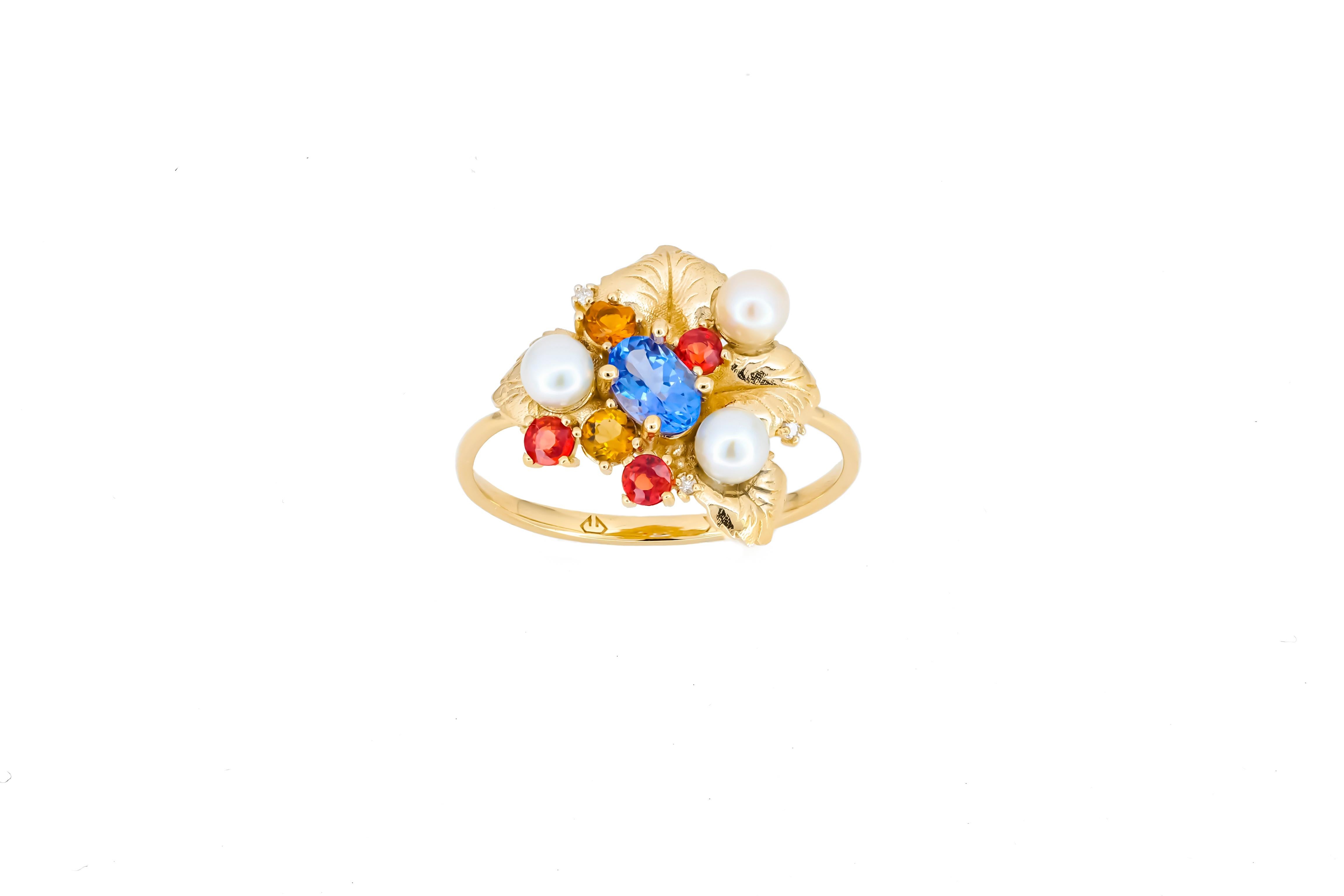 Im Angebot: Tansanit 14k Gold Ring, Blumenring mit Tansanit () 4