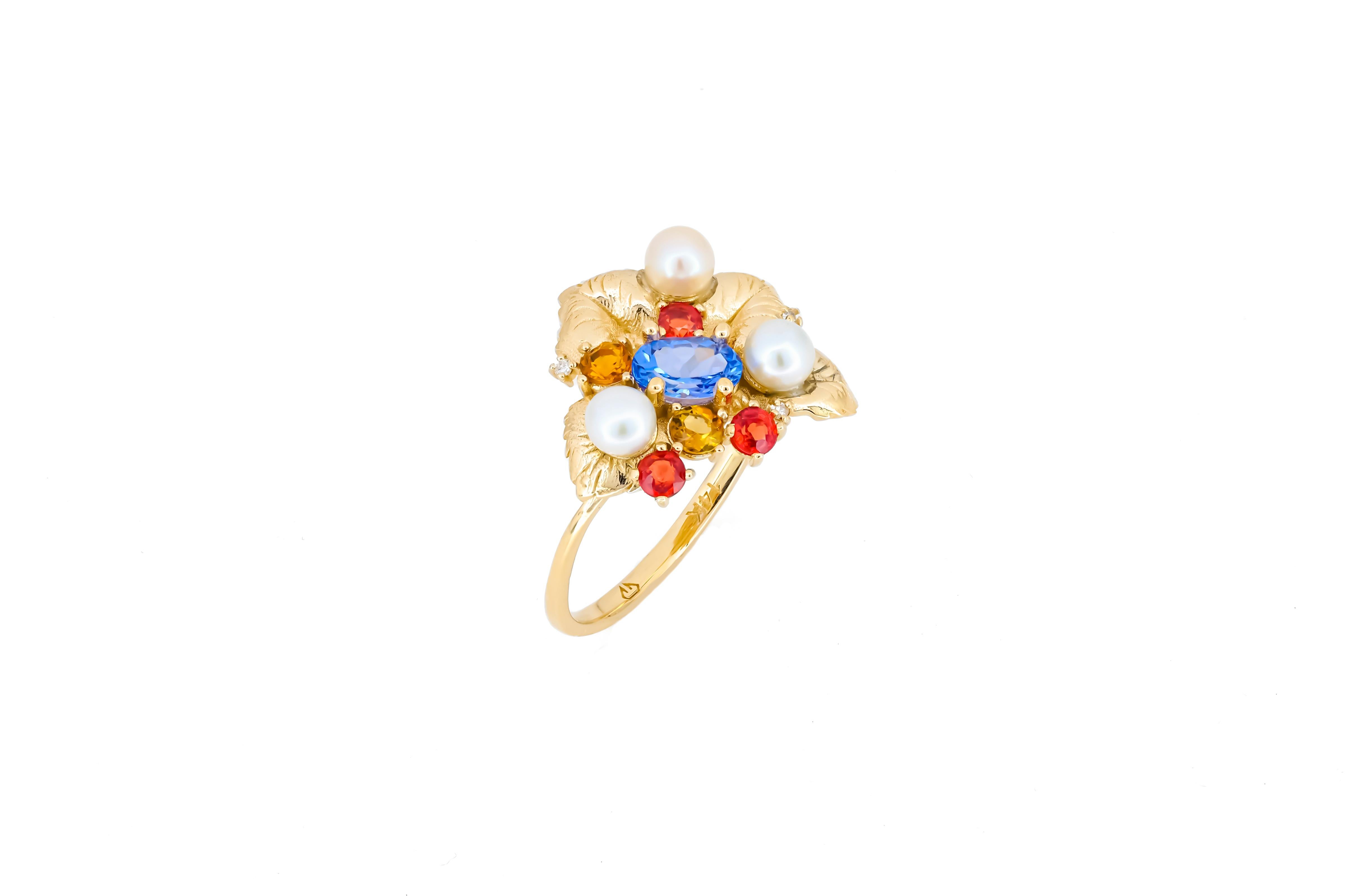 Im Angebot: Tansanit 14k Gold Ring, Blumenring mit Tansanit () 6
