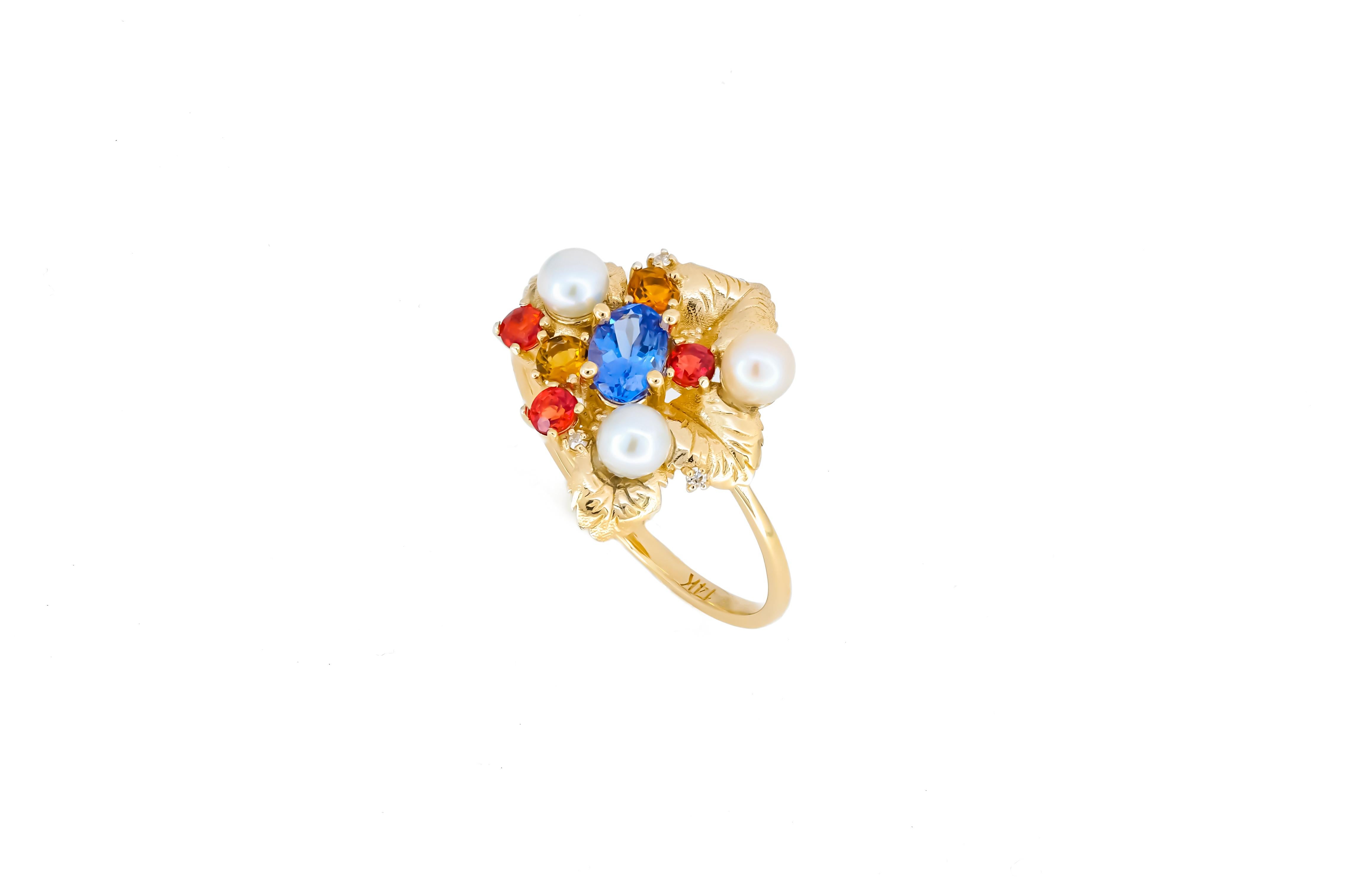 For Sale:  Tanzanite 14k Gold Ring, Flower Ring with Tanzanite 5