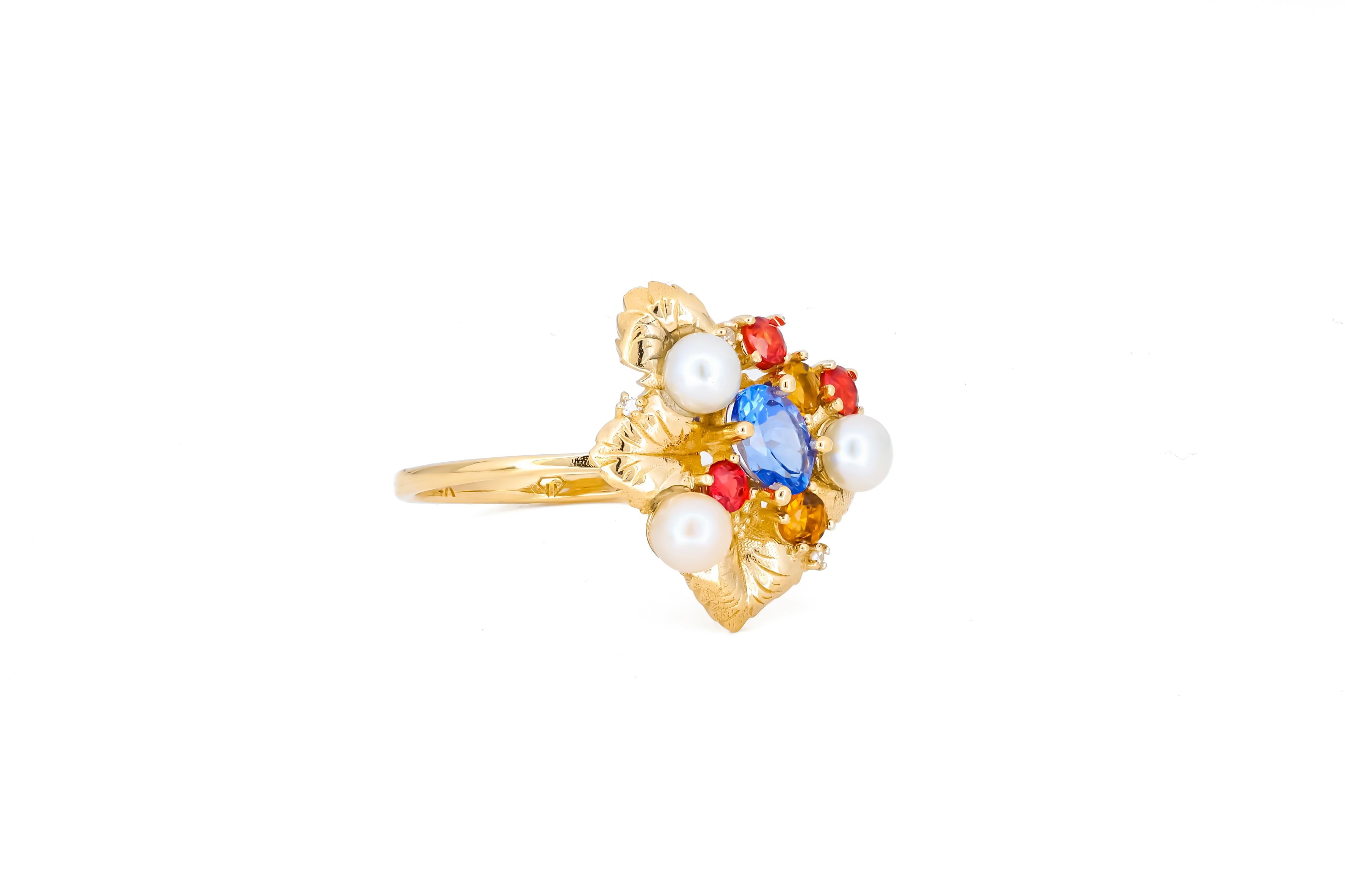 Im Angebot: Tansanit 14k Gold Ring, Blumenring mit Tansanit () 3