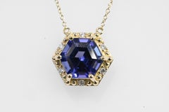 Hexagon Blue Tanzanite Halo Pendant Necklace 14k Gold Gift For Wife (2.26 cts)