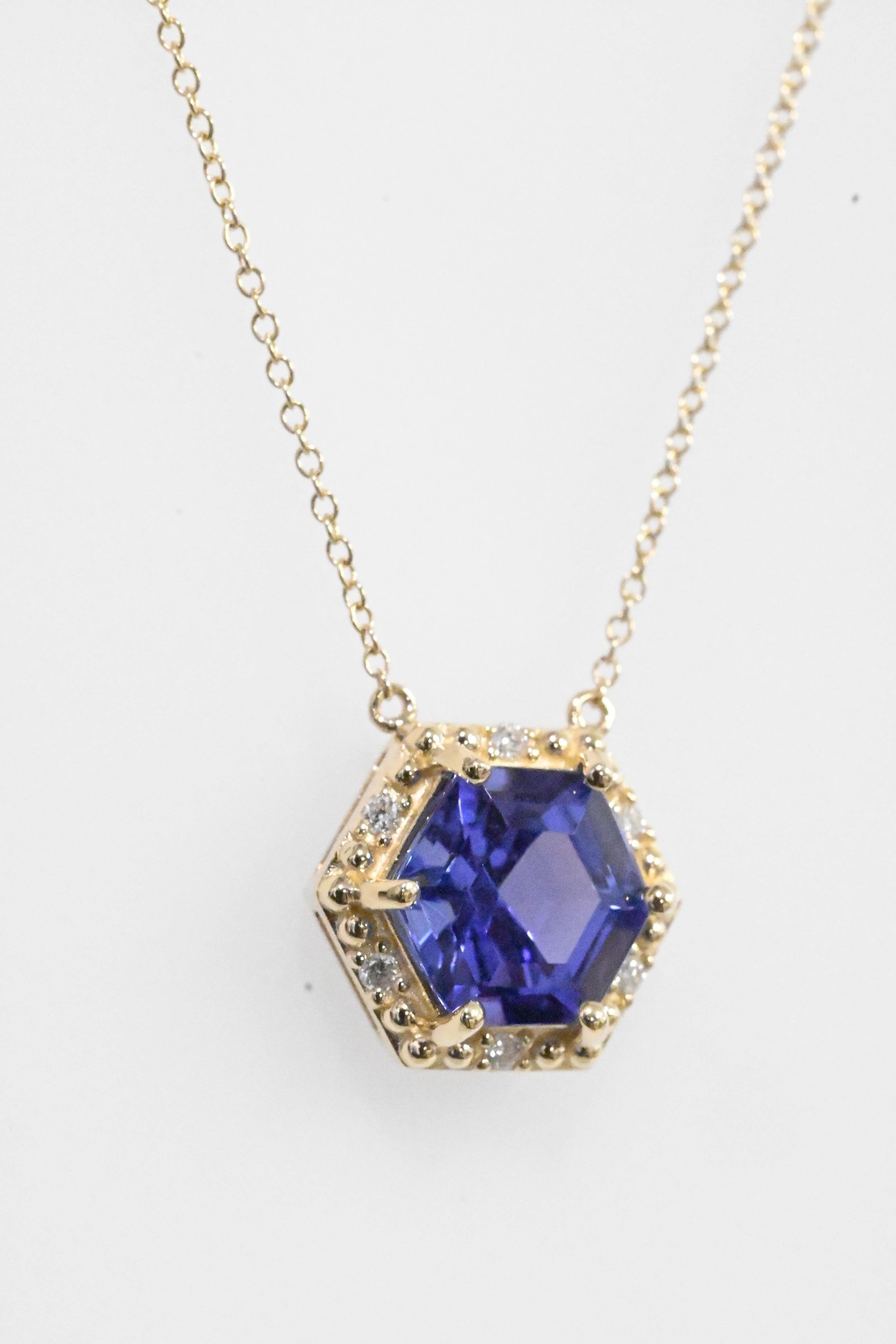 Modern Hexagon Blue Tanzanite Halo Pendant Necklace 14k Gold Gift For Wife (2.26 cts)
