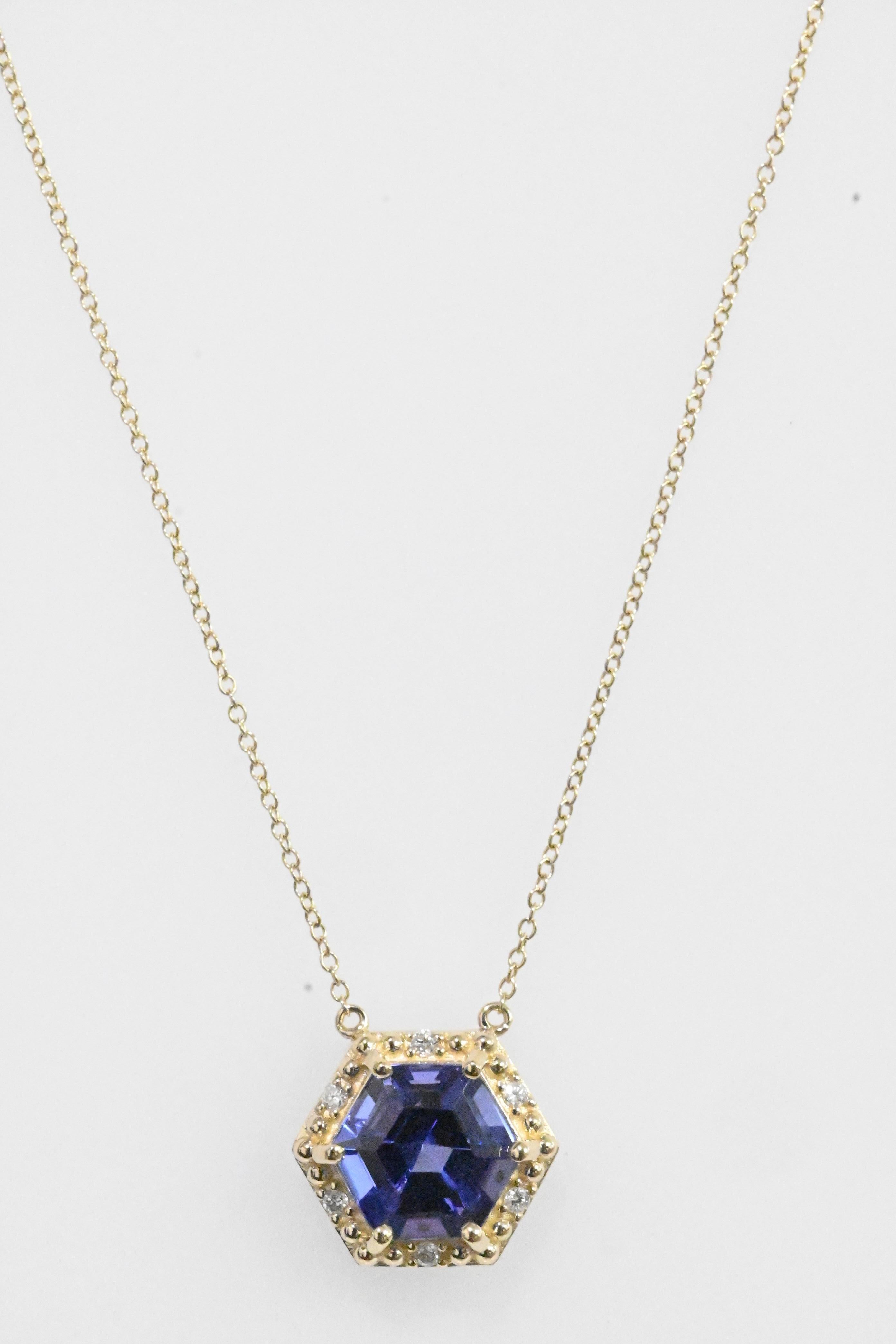 Hexagon Cut Hexagon Blue Tanzanite Halo Pendant Necklace 14k Gold Gift For Wife (2.26 cts)