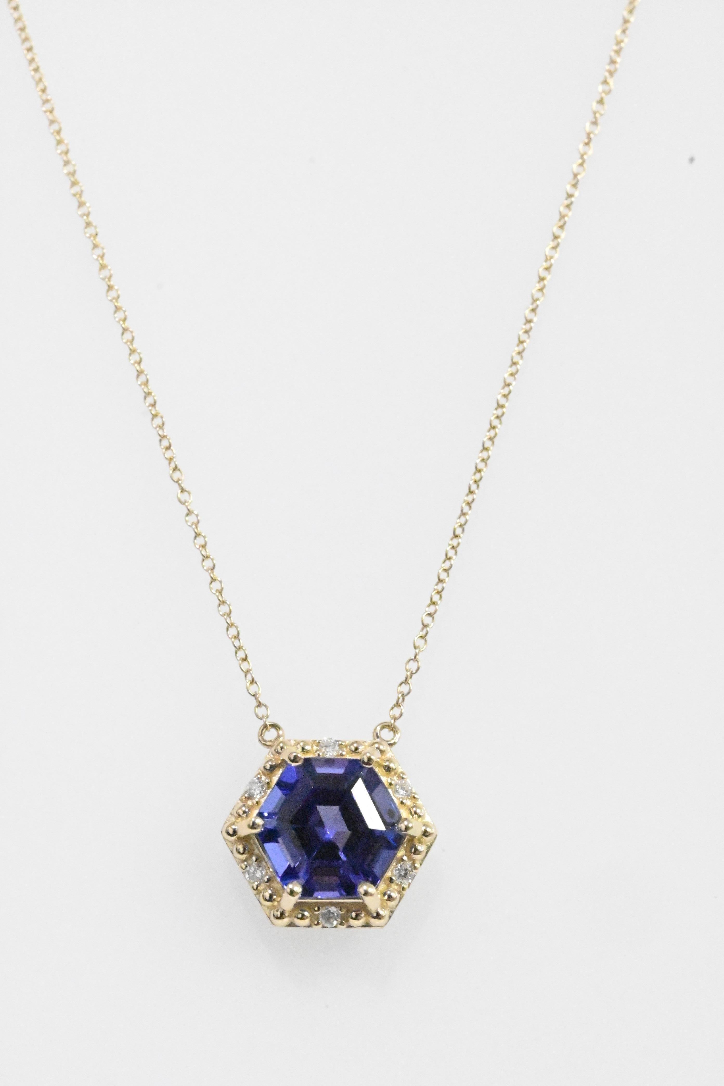 Hexagon Blue Tanzanite Halo Pendant Necklace 14k Gold Gift For Wife (2.26 cts) In New Condition In New York, NY
