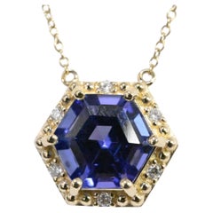 Hexagon Blue Tanzanite Halo Pendant Necklace 14k Gold Gift For Wife (2.26 cts)